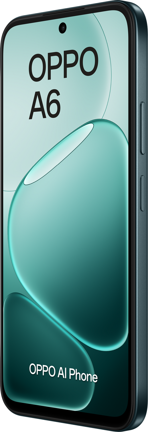 Un OPPO A6 AI Phone azul con un elemento de diseño circular.