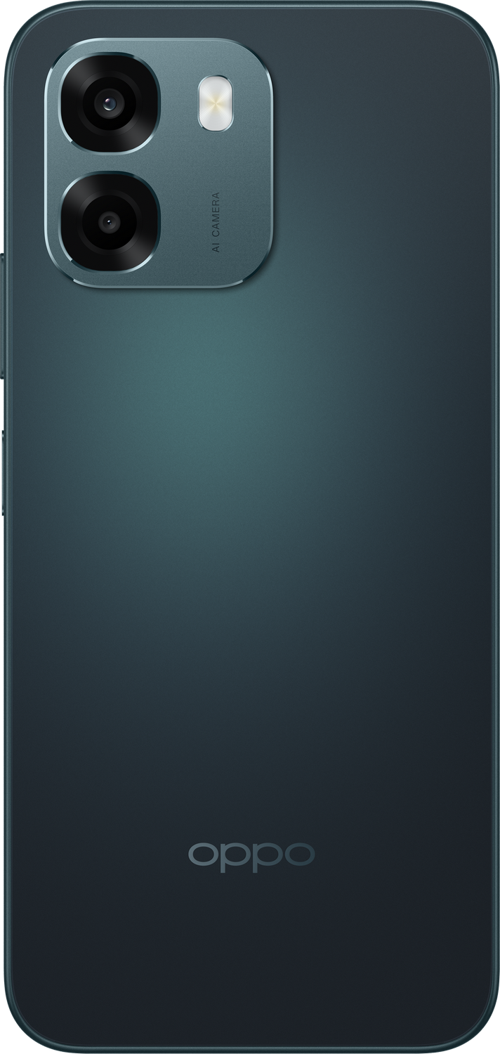 Parte trasera de un smartphone azul oscuro con doble cámara y logo OPPO.