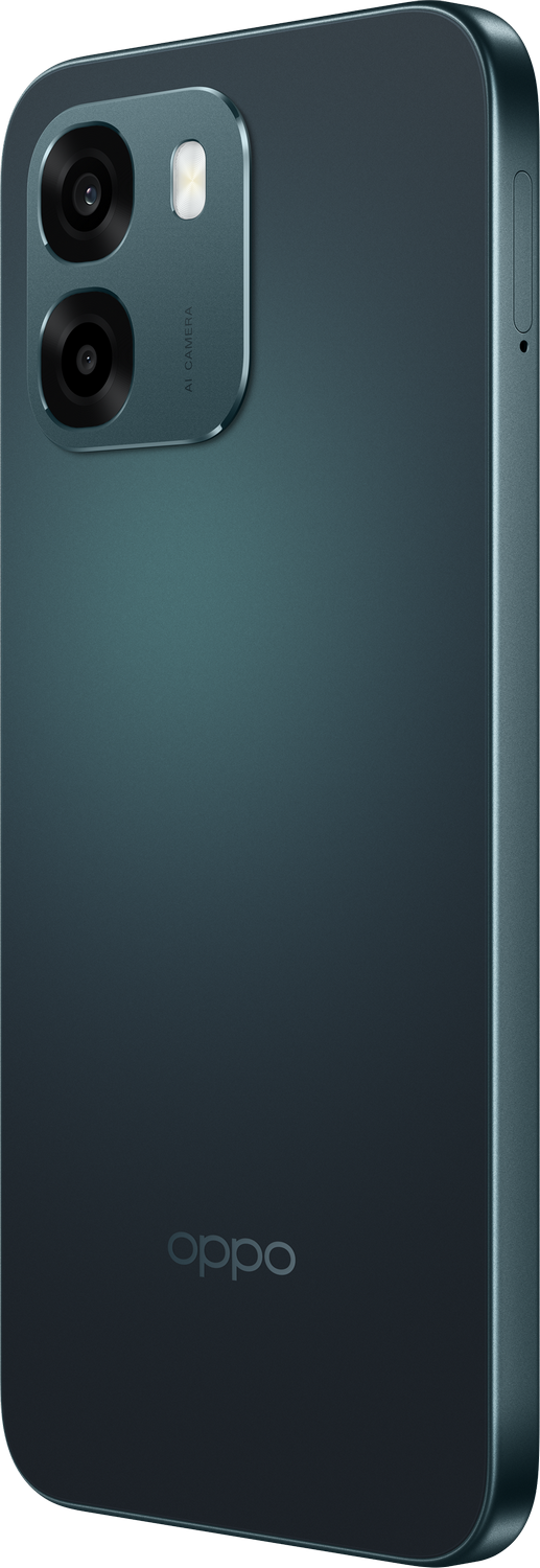 Parte trasera de un teléfono inteligente verde oscuro con doble cámara y logo OPPO.