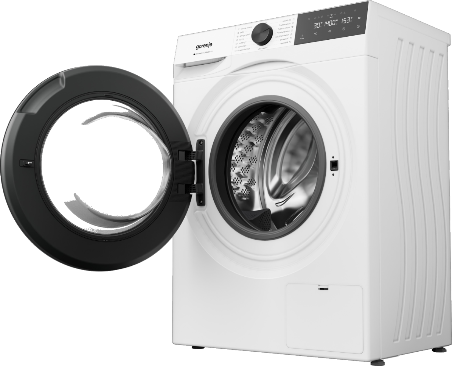 Egy fehér Gorenje mosógép nyitott fekete ajtóval, felfedve a dob.