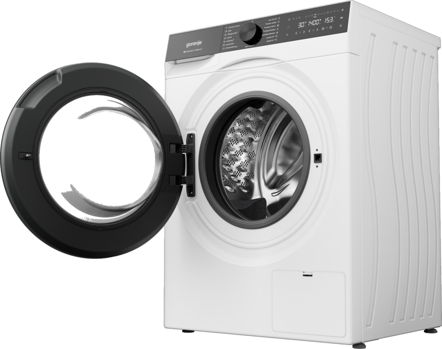 Egy fehér Gorenje mosógép nyitott fekete ajtóval, ezüst dobbal.
