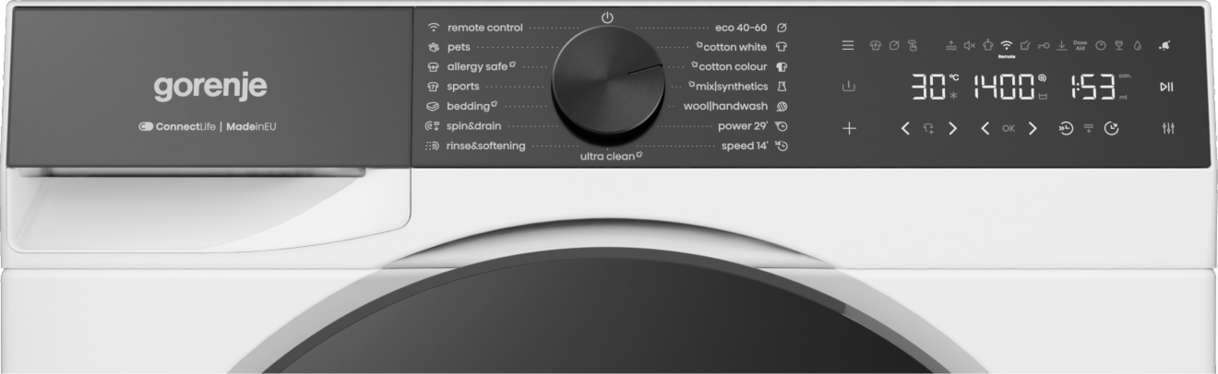 Gorenje mosógép kezelőpanel programokkal és digitális kijelzővel.