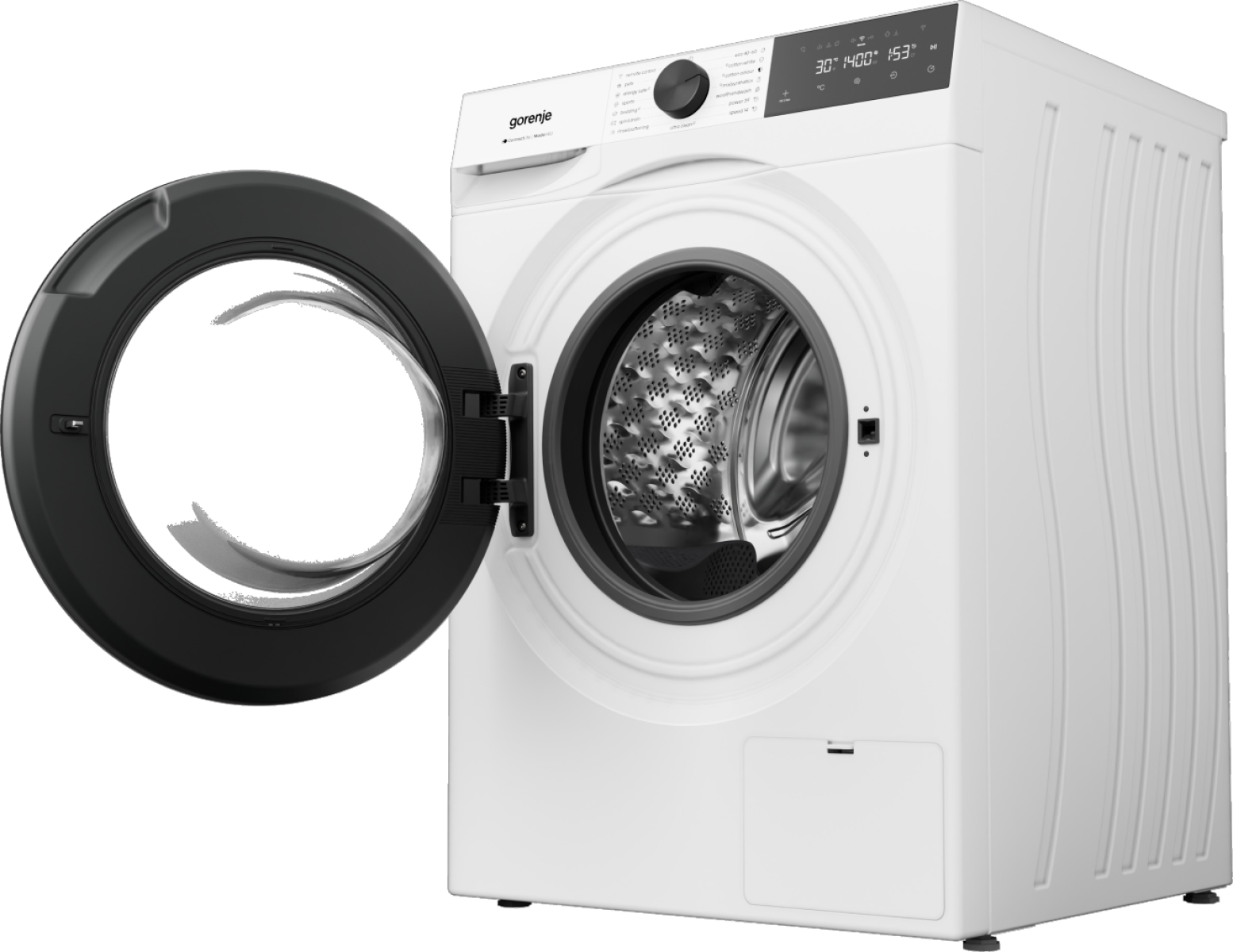 Egy fehér Gorenje mosógép nyitott fekete ajtóval, amely felfedi a dobot.