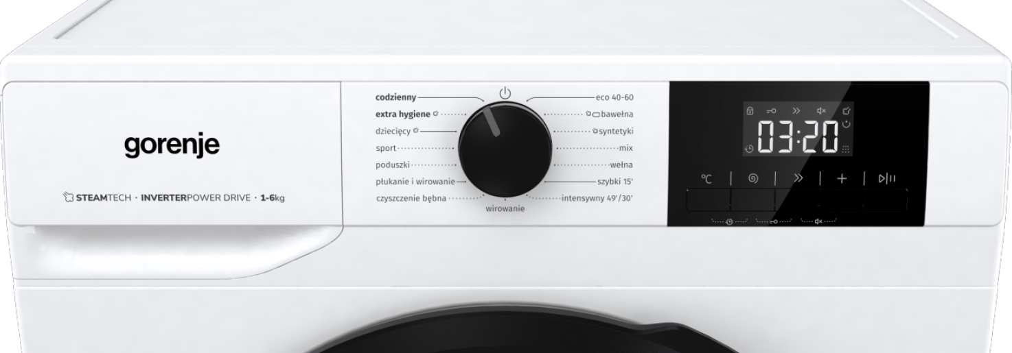 Egy fehér Gorenje mosógép kezelőpanelje programválasztóval és digitális kijelzővel.