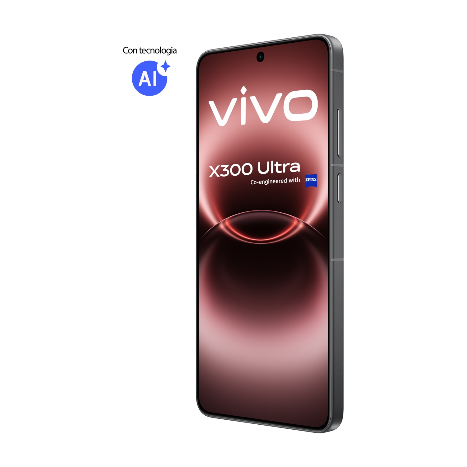 Smartphone grigio Vivo X300 Ultra con logo AI e cooperazione Zeiss.