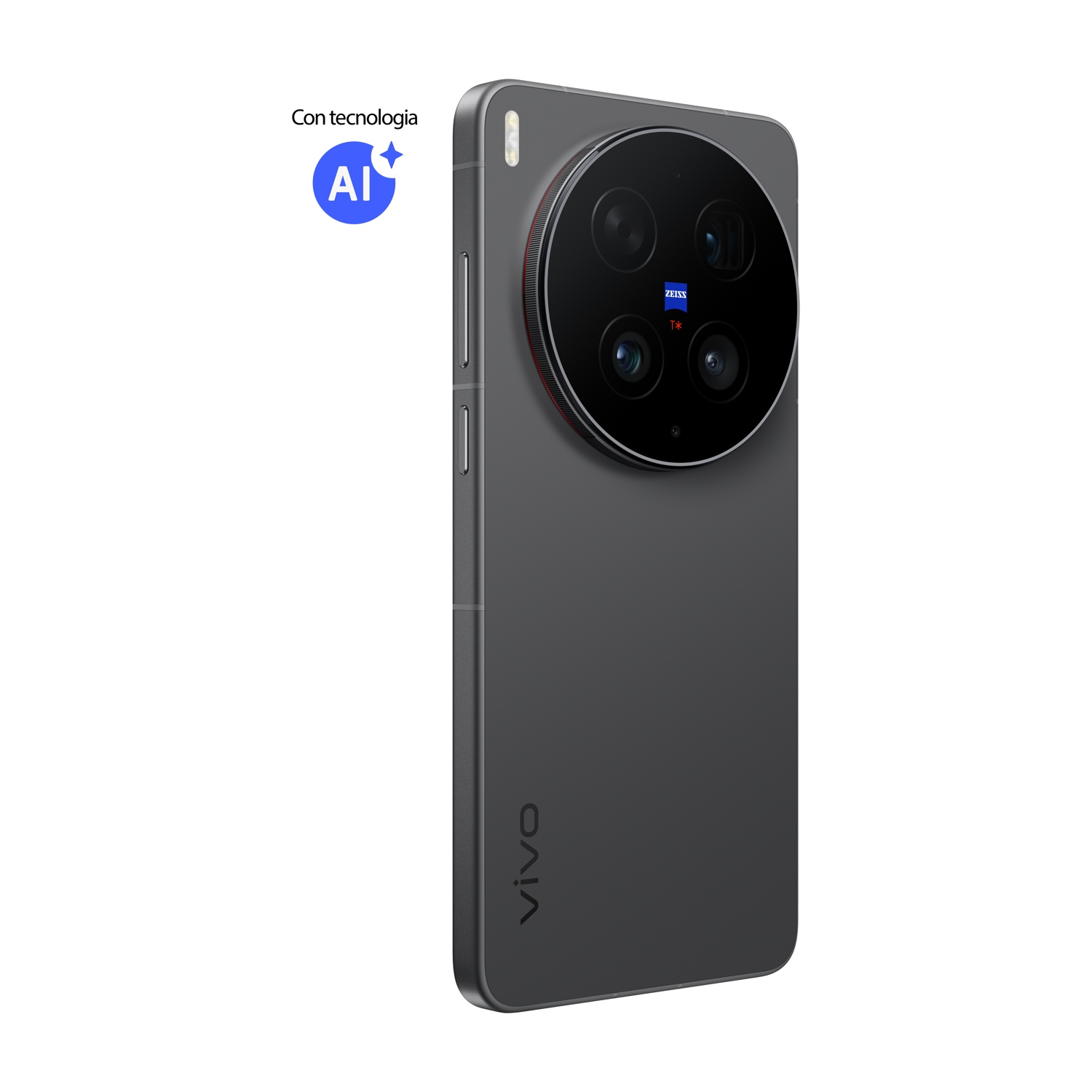 Smartphone grigio con quattro fotocamere e logo ZEISS. Logo "Con tecnologia AI".