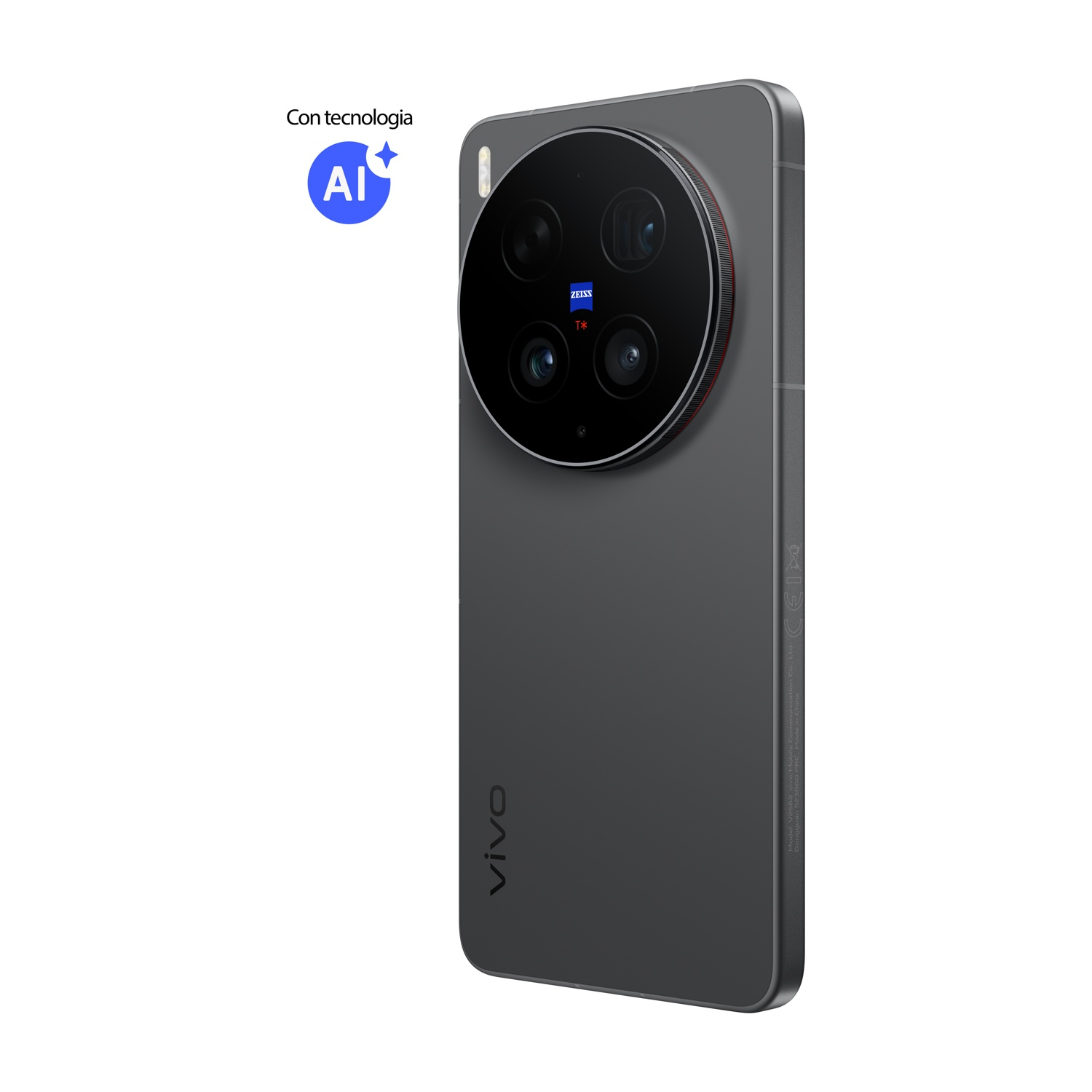 Smartphone grigio con quattro fotocamere e logo AI. In alto a destra: "Con tecnologia AI".