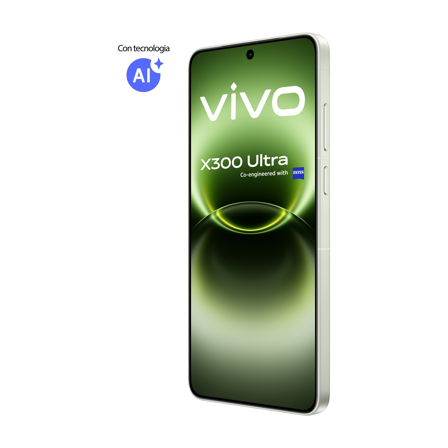 Uno smartphone Vivo X300 Ultra verde chiaro con logo tecnologia AI.