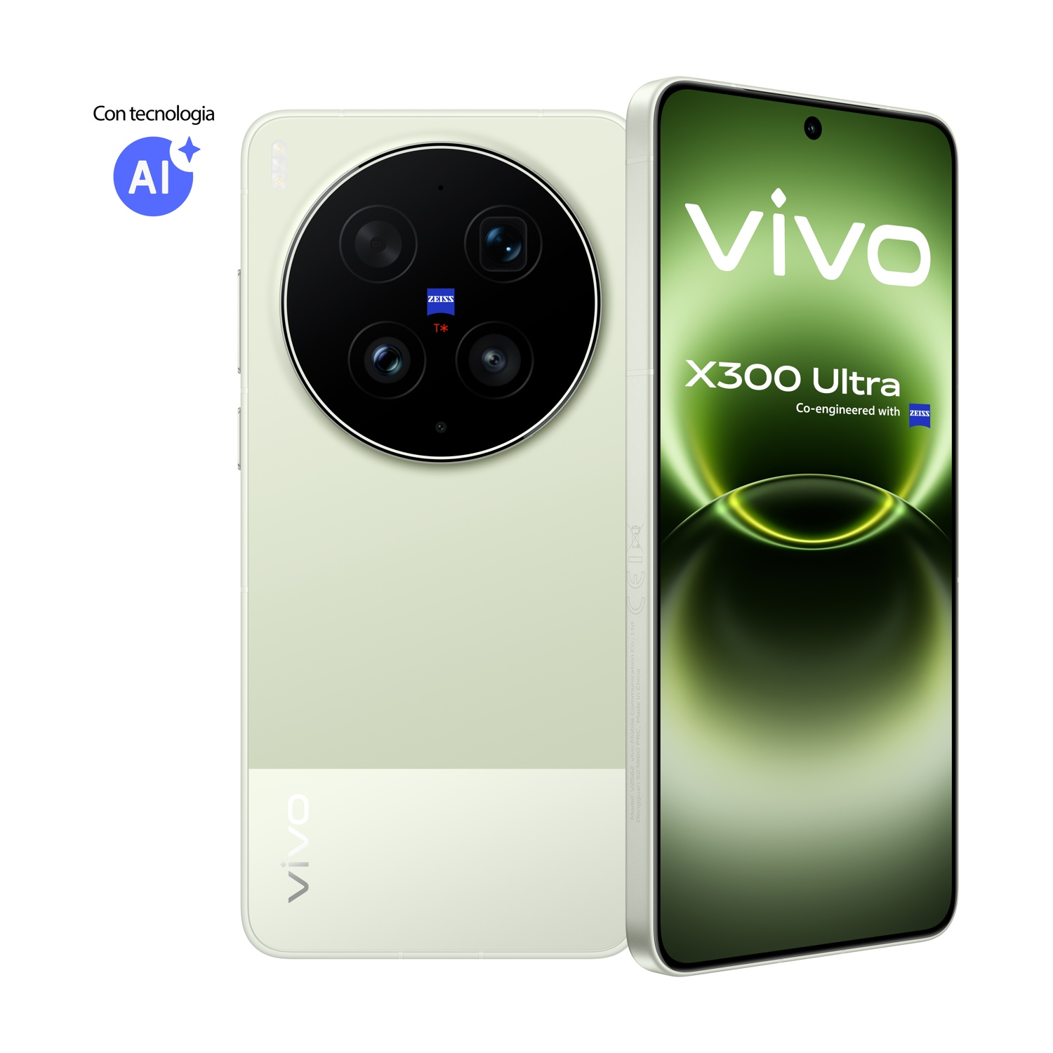 Uno smartphone Vivo X300 Ultra verde chiaro con tecnologia AI e fotocamera Zeiss.