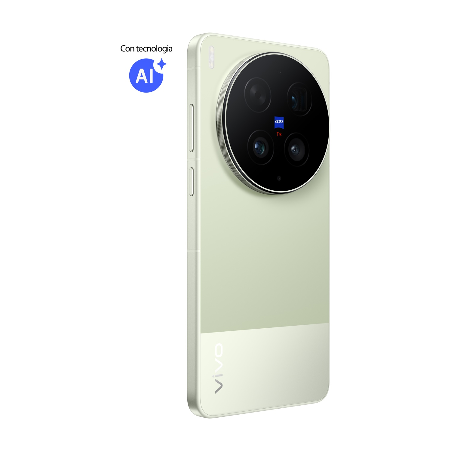 Uno smartphone verde chiaro con quattro fotocamere e il logo Vivo.