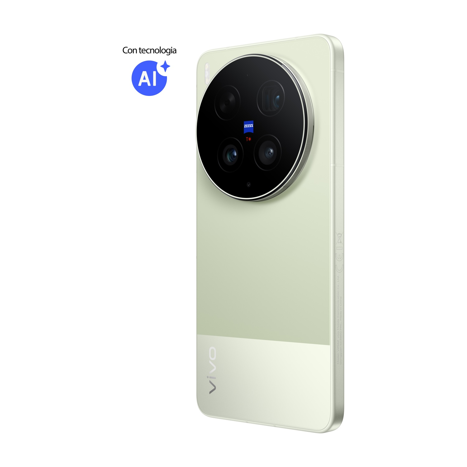 Uno smartphone verde chiaro con modulo fotocamera rotondo e logo 'AI'.