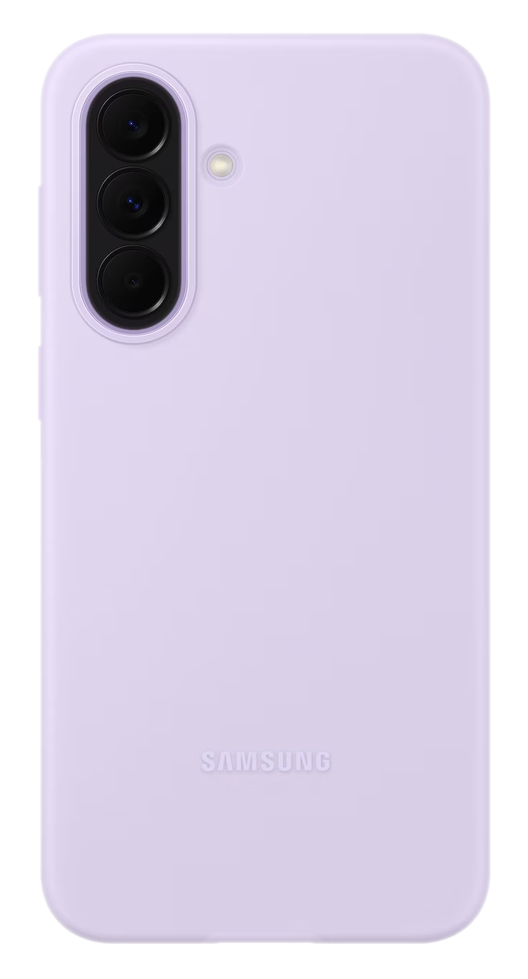 Jasnofioletowy telefon Samsung z trzema aparatami i lampą błyskową.