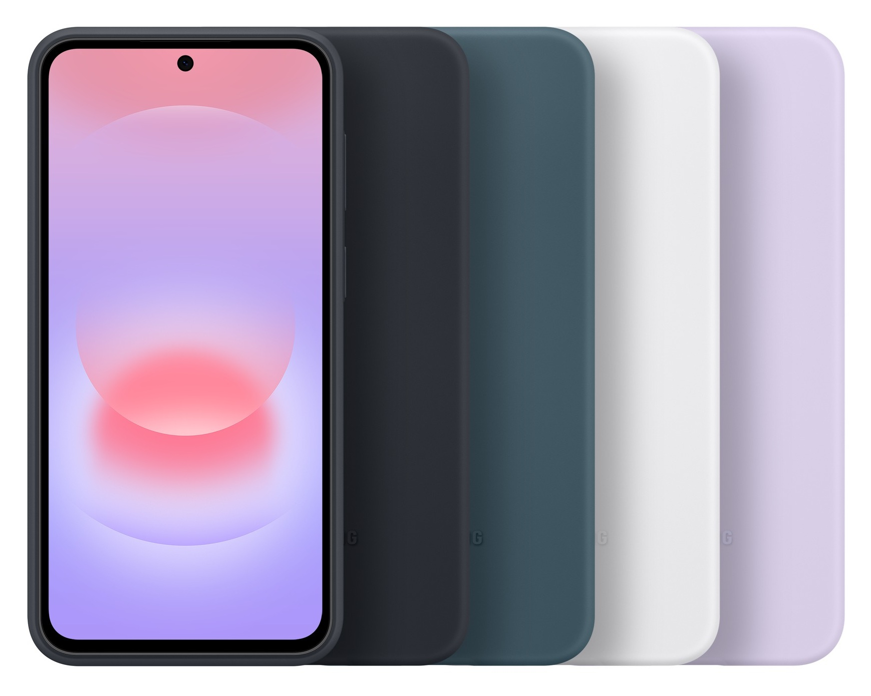 Smartfon z różowo-fioletowym tłem i czterema etui.