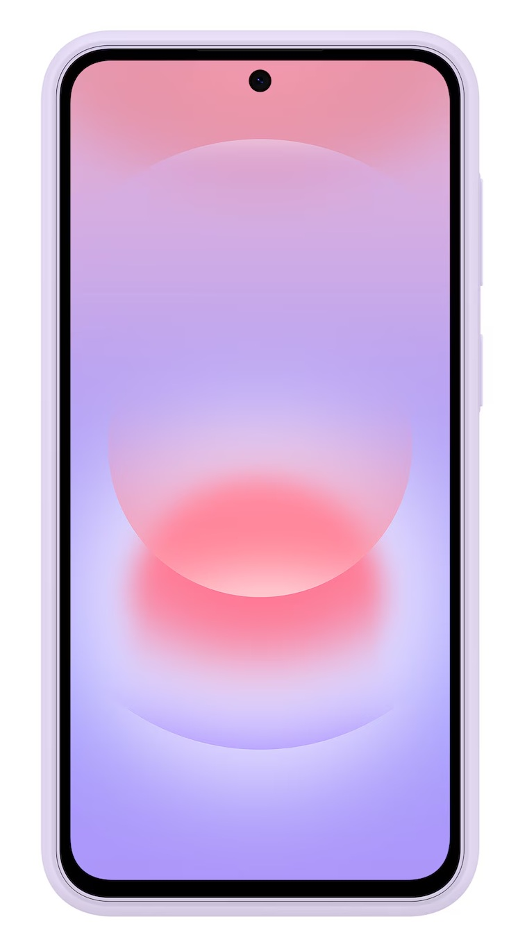 Jasnofioletowy smartfon z abstrakcyjnym tłem w kolorach fioletu i różu.
