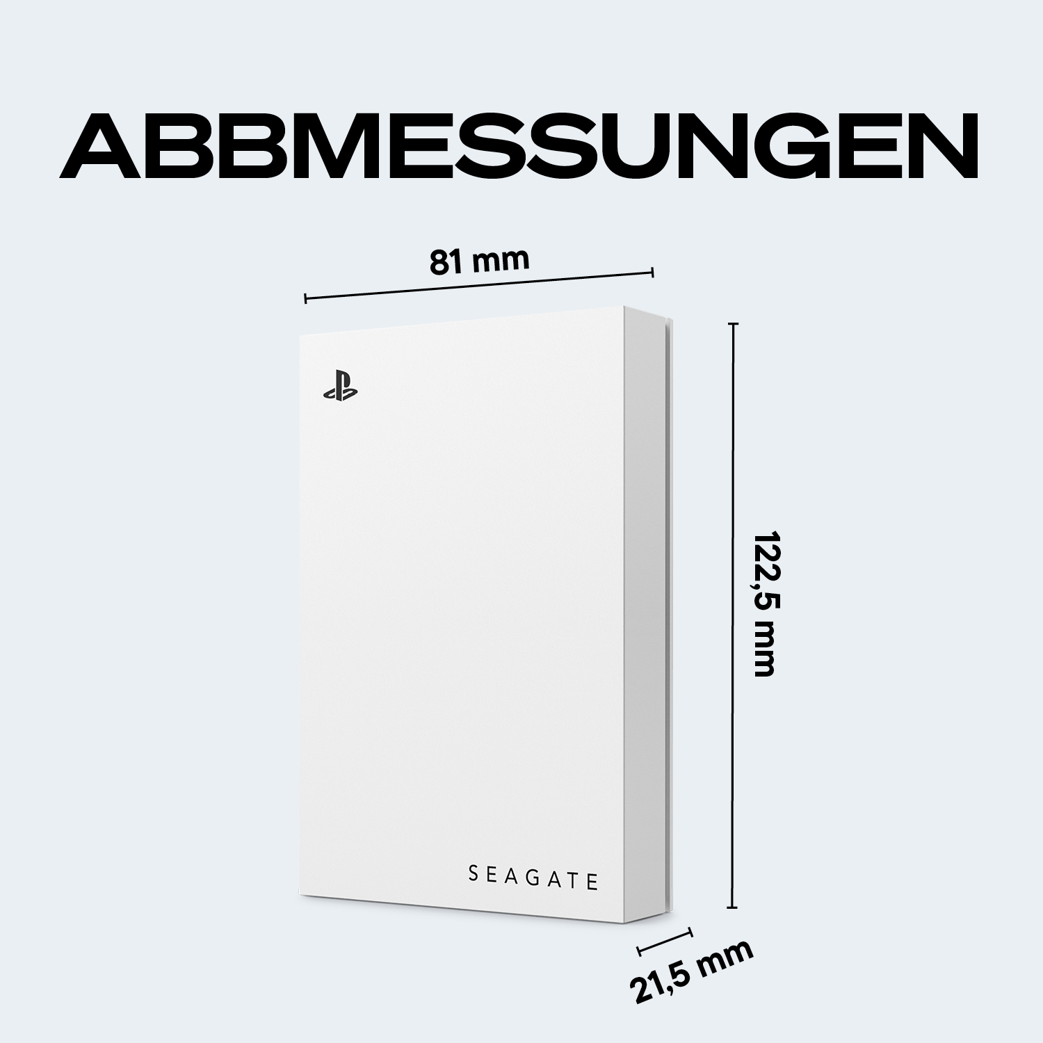Disque dur externe blanc avec logo PlayStation et dimensions.