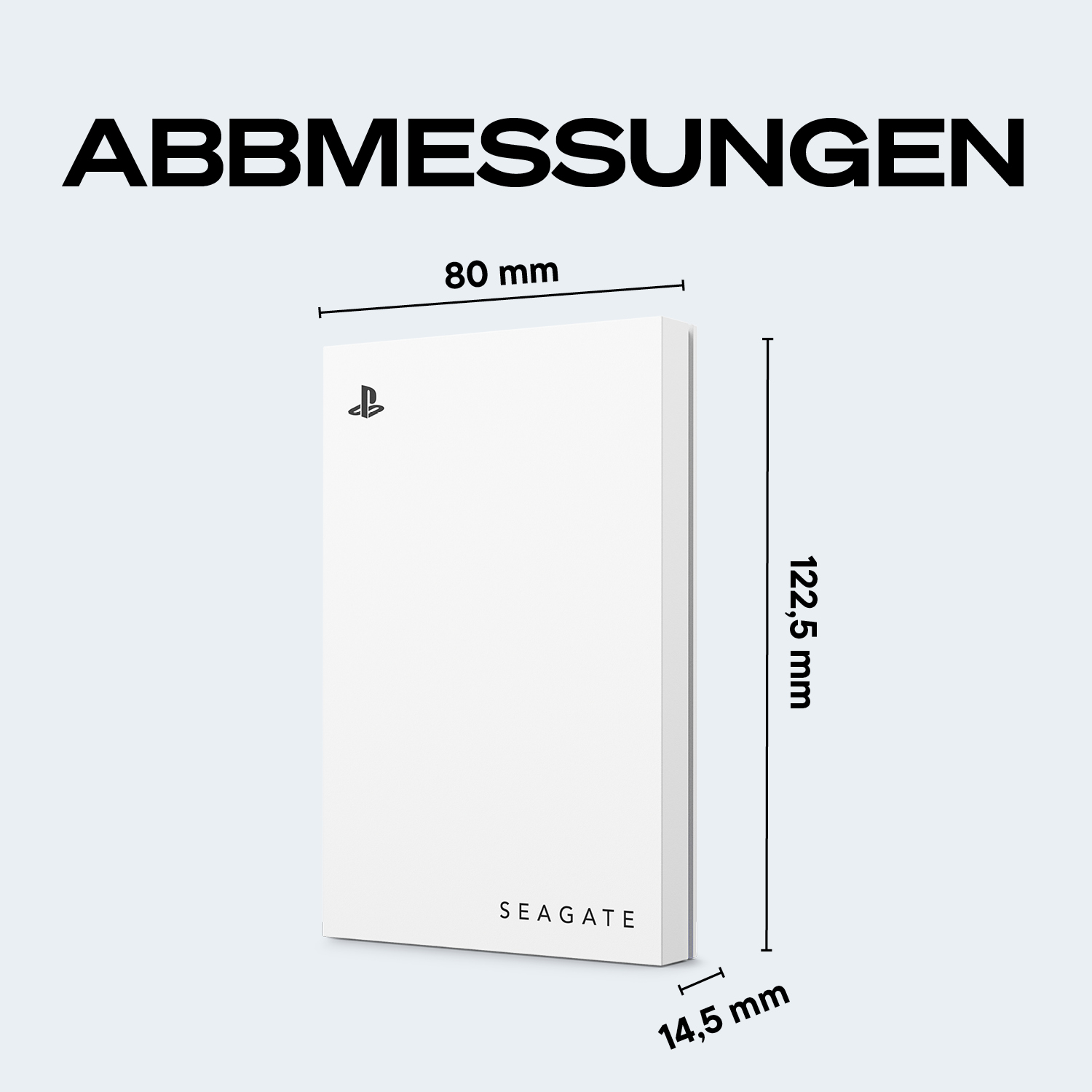 Disque dur blanc avec logo PlayStation et dimensions (80x122,5x14,5mm).