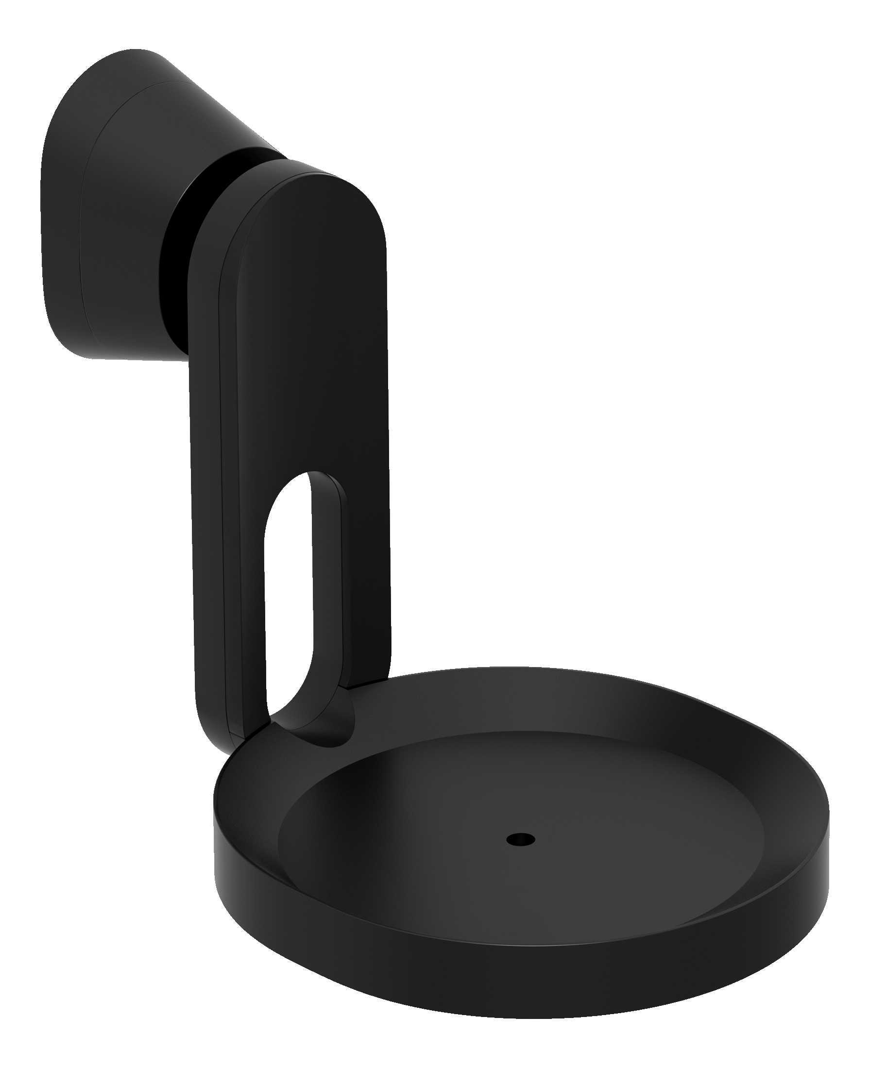 Schwarzer Wandhalter mit runder Ablage und verstellbarem Arm.