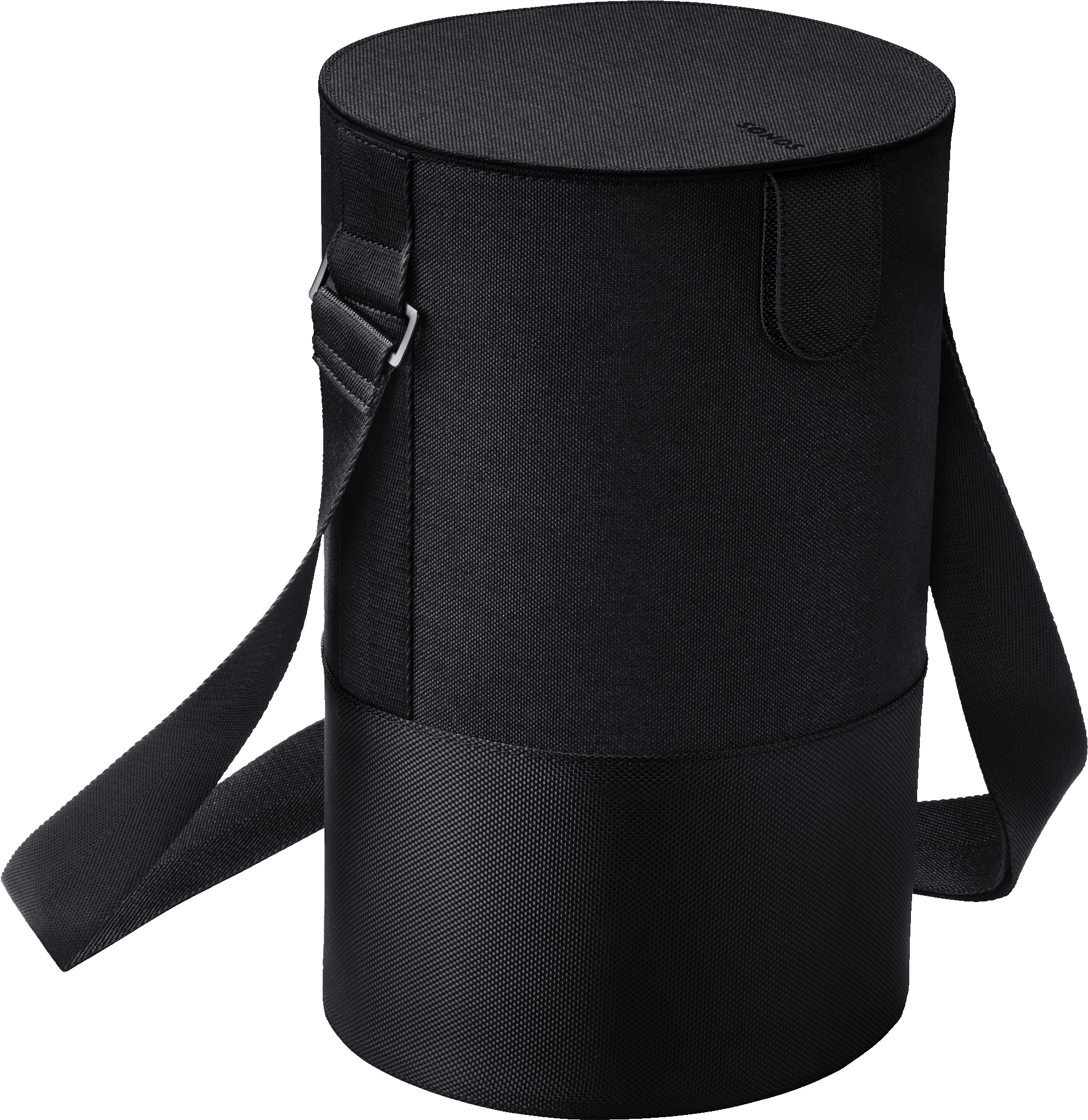 Sac cylindrique noir avec bandoulière, logo SONOS sur le devant.