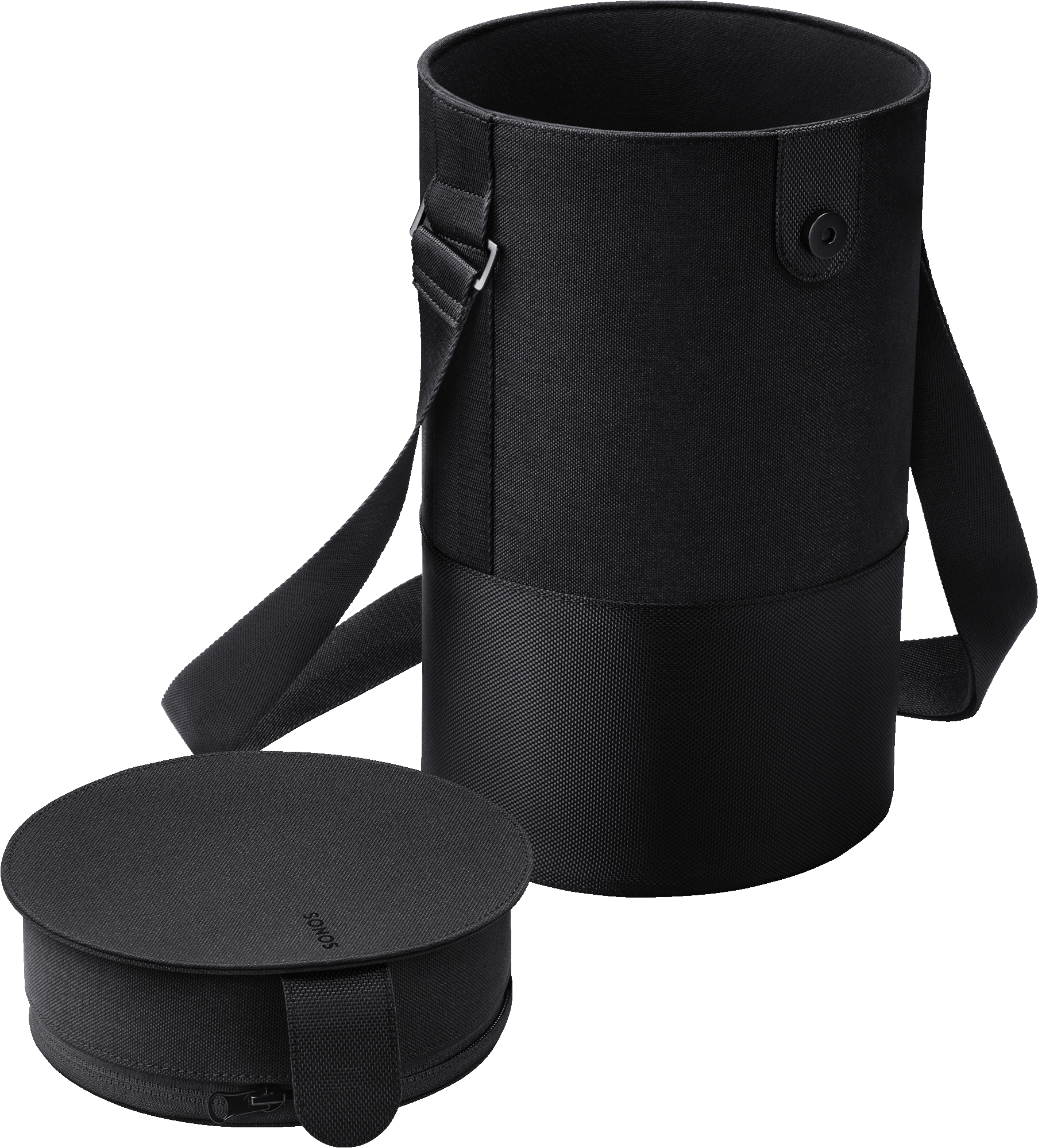 Sac Sonos noir et étui rond avec une sangle.