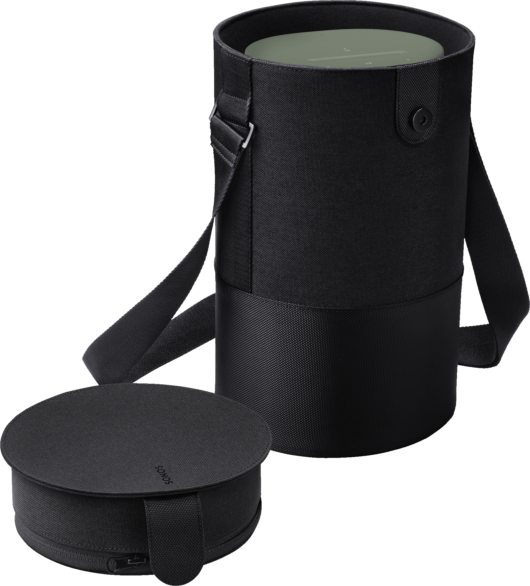 Sac de transport noir avec dessus vert et couvercle rond séparé.