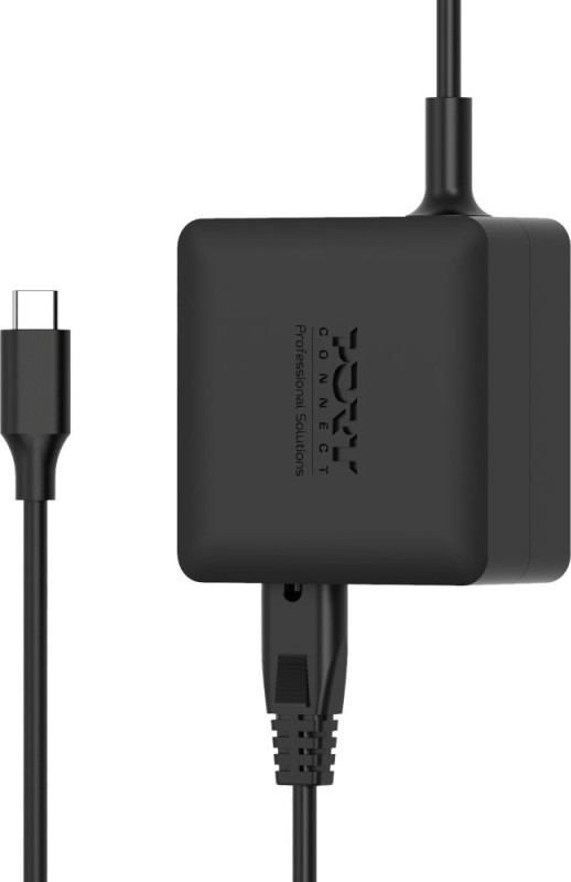 Adattatore USB-C nero con cavo e spina.