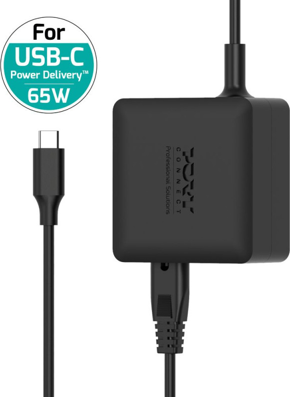 Alimentatore USB-C nero da 65W e cavo. Logo: X.X CONNECT.