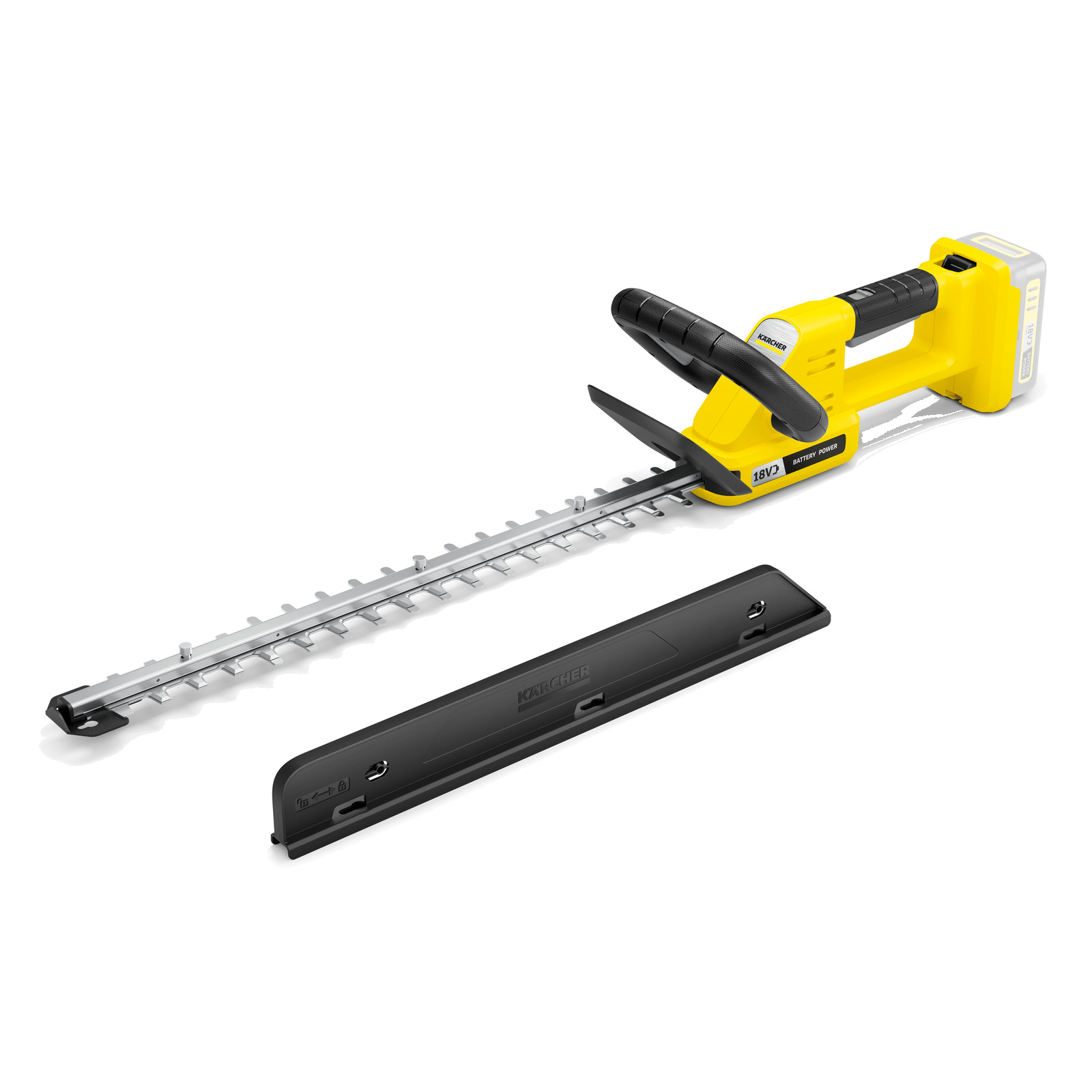 Żółte nożyce do żywopłotu zasilane akumulatorem, czarną rączką i srebrnym ostrzem.