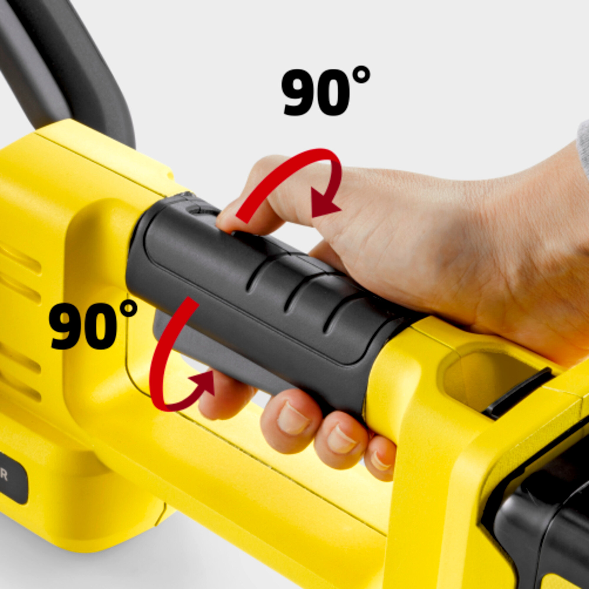 Dłoń naciska czarny uchwyt na żółtym urządzeniu. Wskazano obrót o 90°.