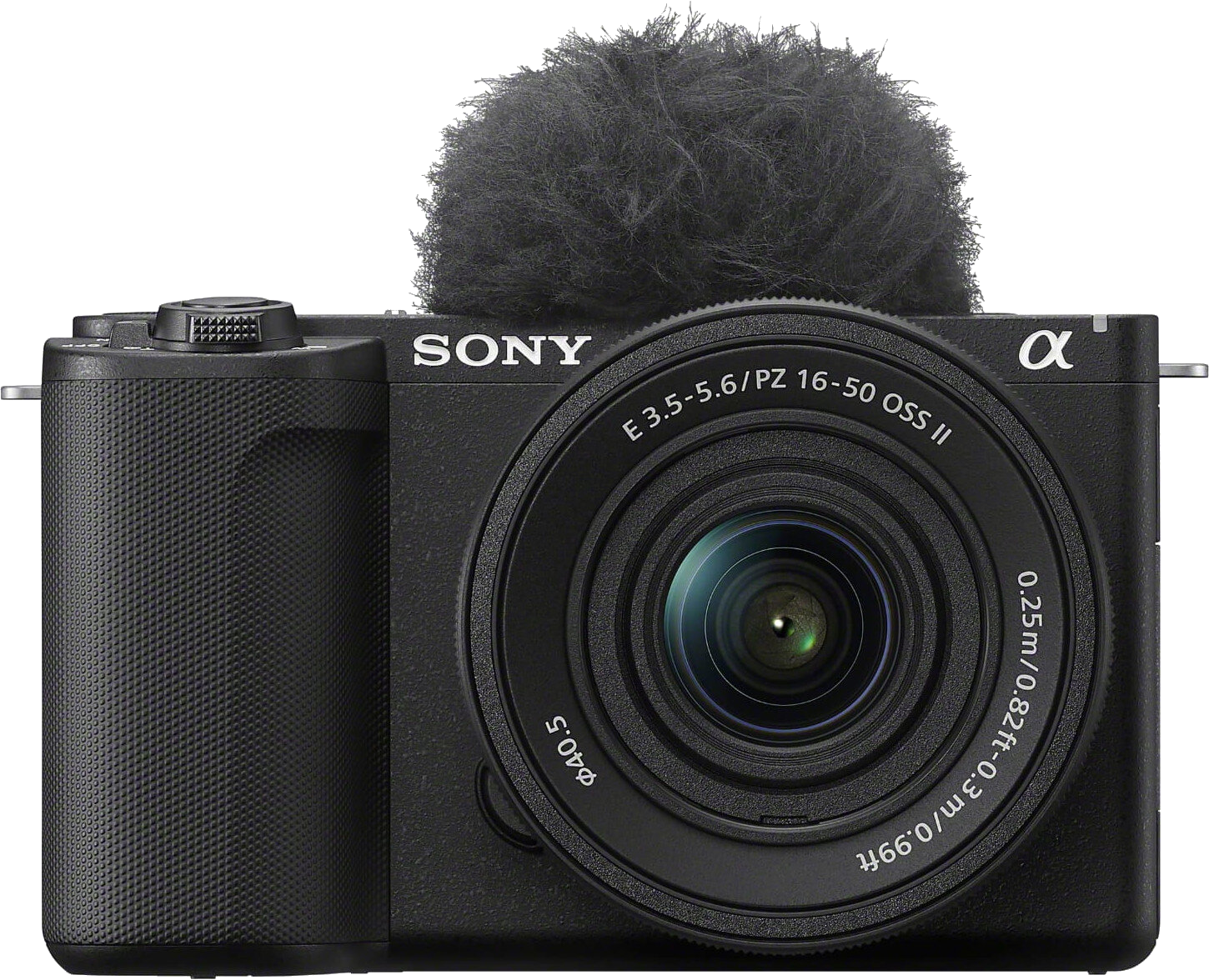 Czarny aparat Sony z obiektywem i mocowaniem mikrofonu na czarnym tle.