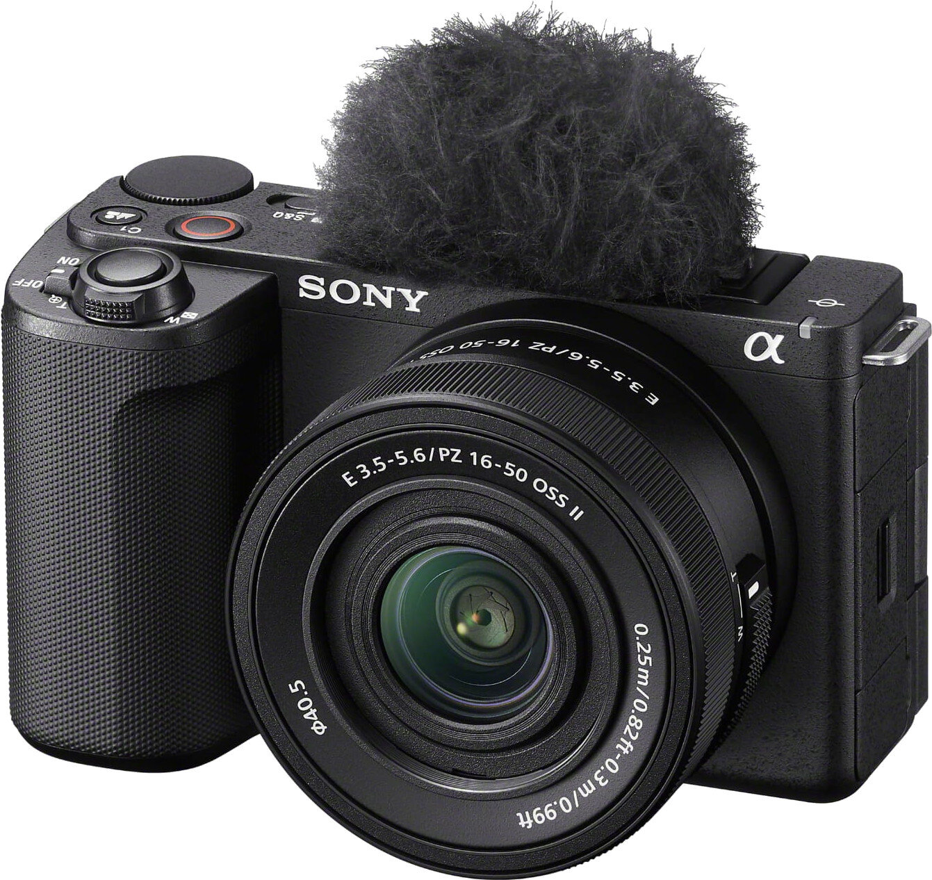 Czarny aparat Sony Alpha z futrzanym mikrofonem na górze.