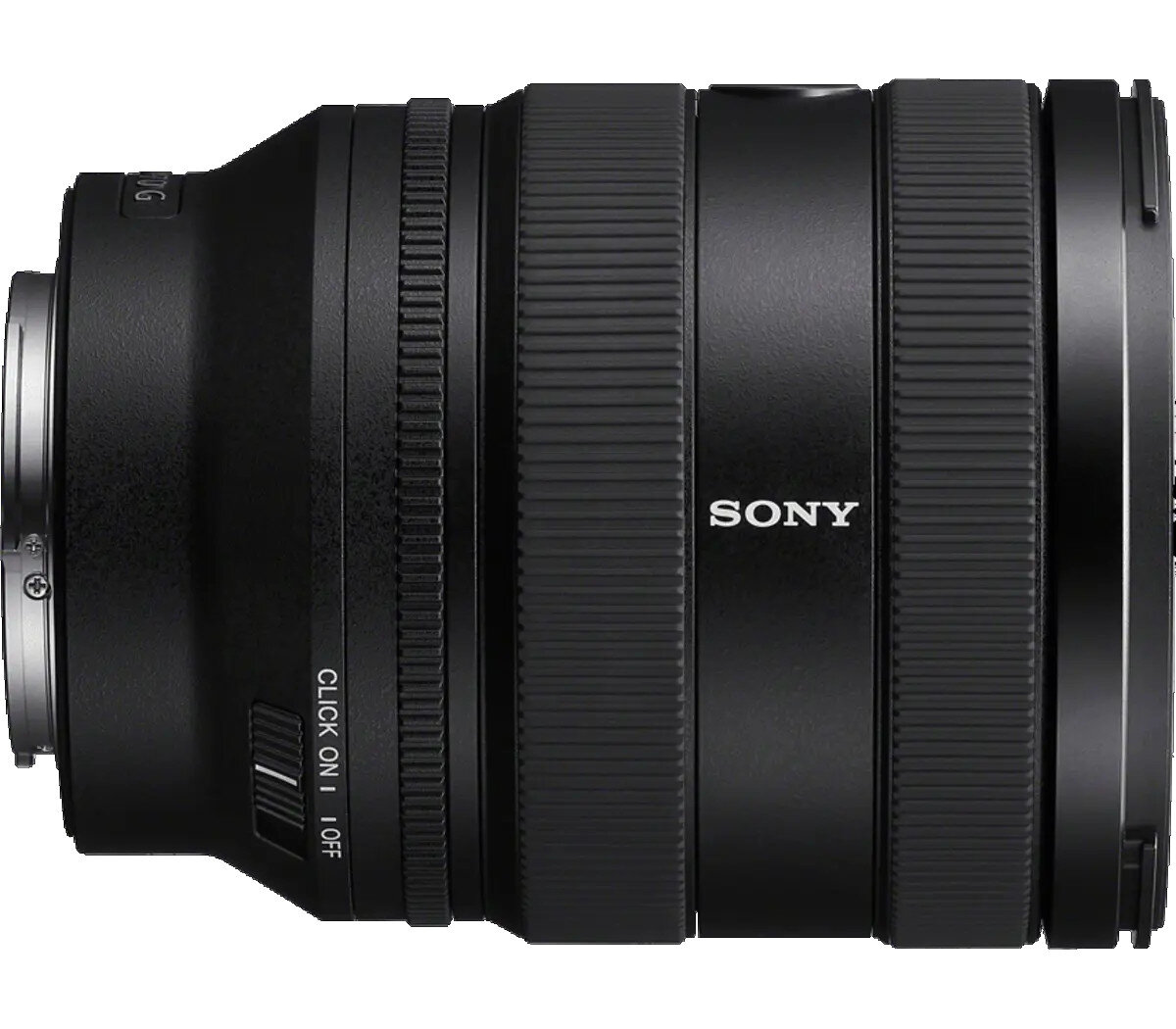 Czarny obiektyw Sony z teksturowanymi pierścieniami i logo 'SONY'. Widoczny przełącznik kliknij włącz/wyłącz.