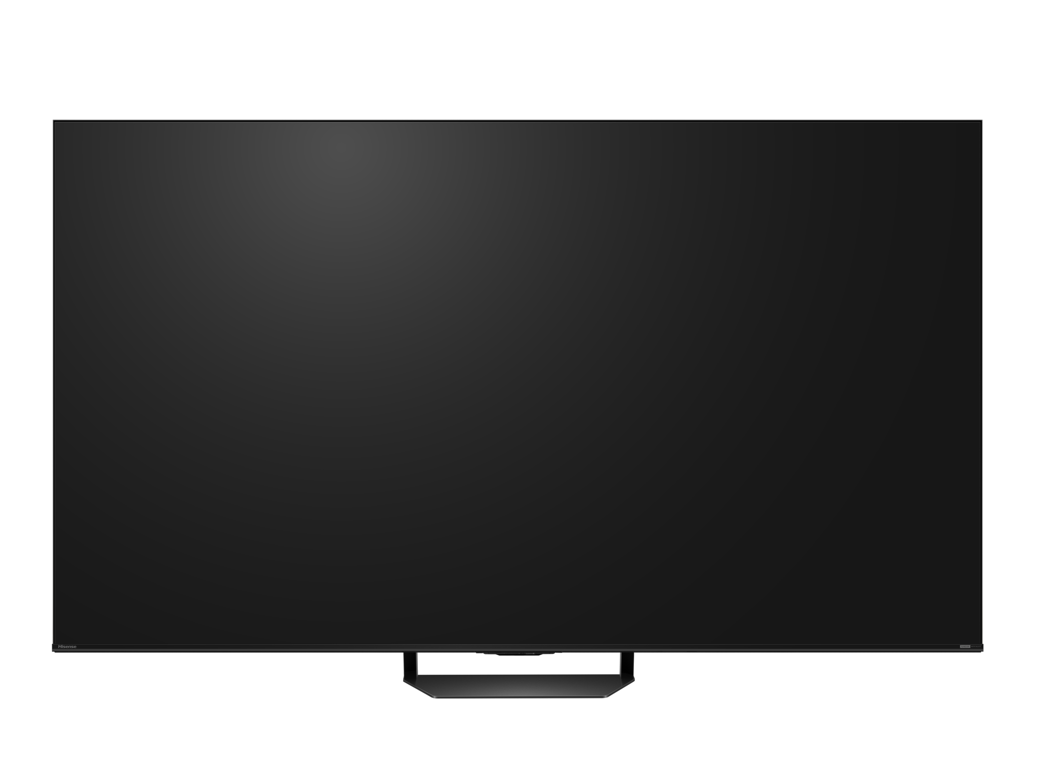 Ein schwarzer Fernseher mit einem schmalen Standfuß auf schwarzem Hintergrund.