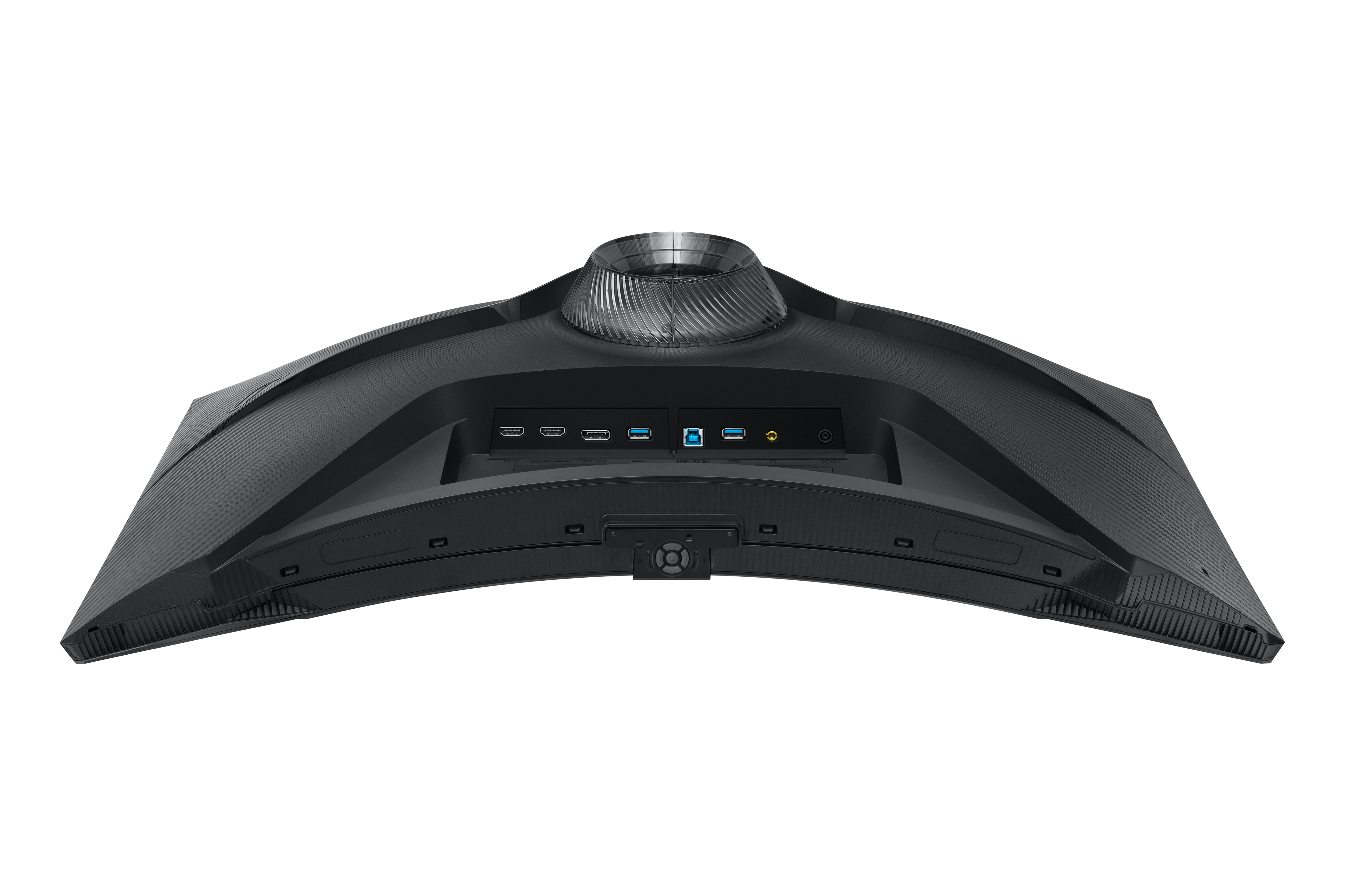 Rückseite eines schwarzen Monitors mit Anschlüssen wie HDMI und USB.