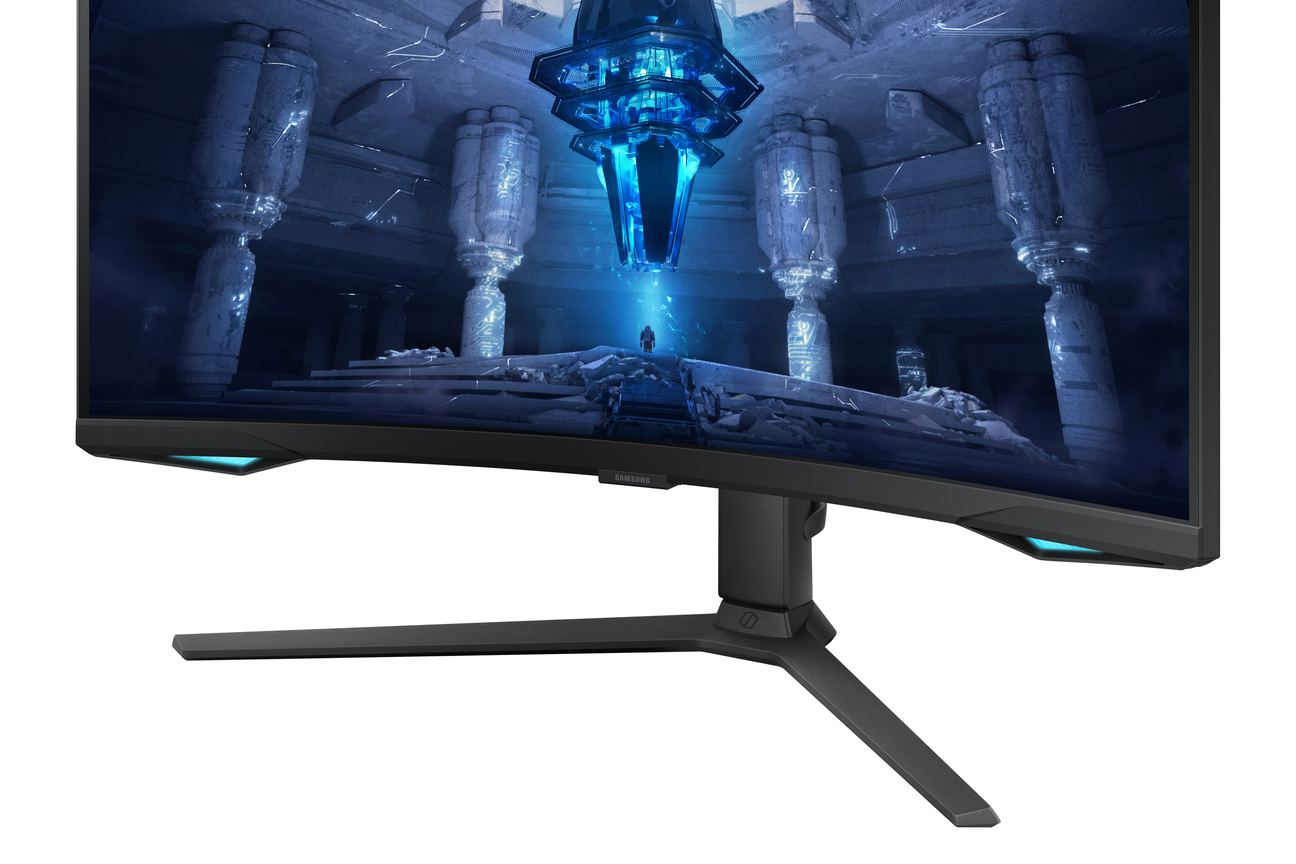 Gebogener Monitor zeigt futuristische Szene mit blauem Licht, Säulen und einsamer Figur.