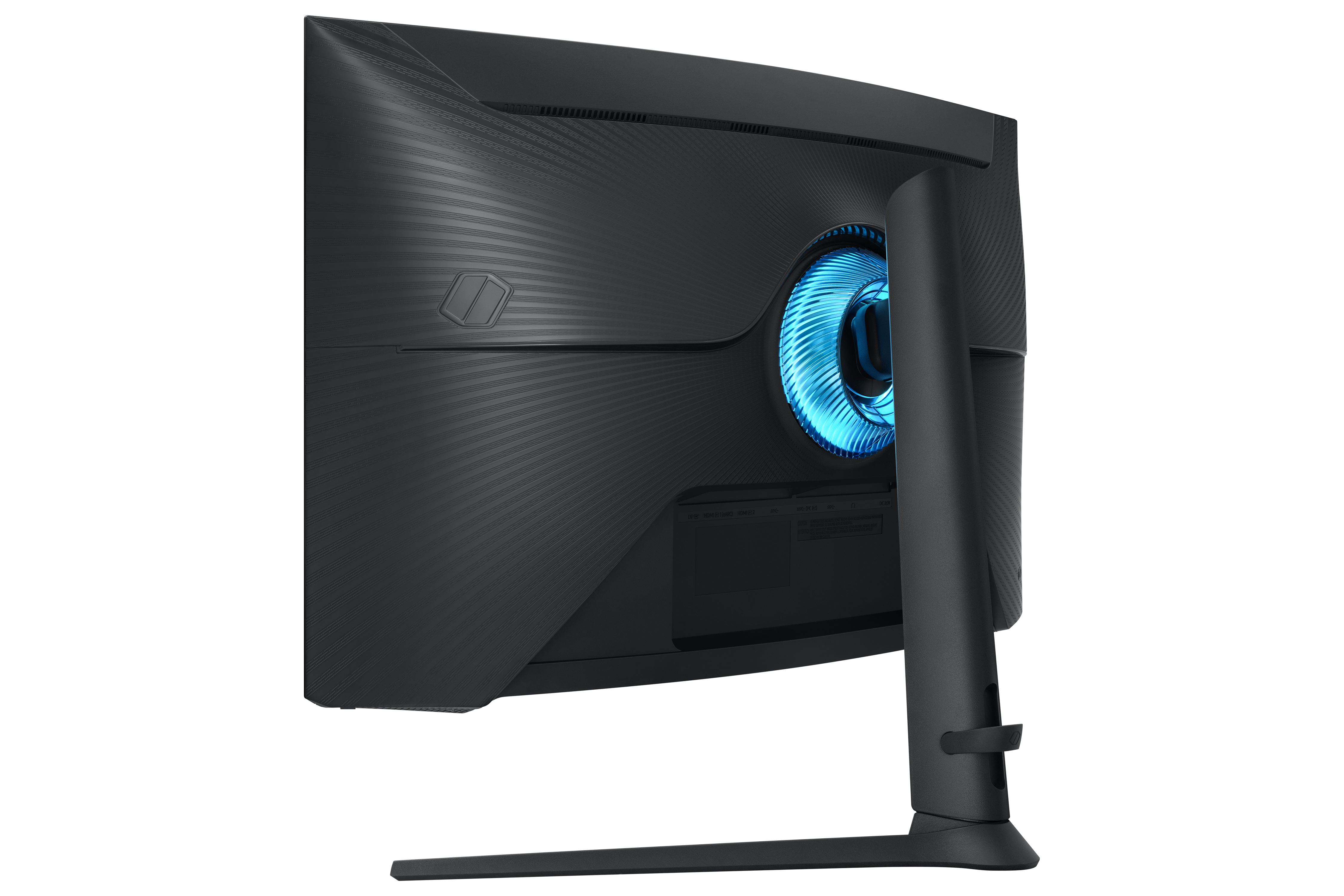 Rückseite eines schwarzen Monitors mit blau beleuchtetem Lüfter und Anschlussbereich.