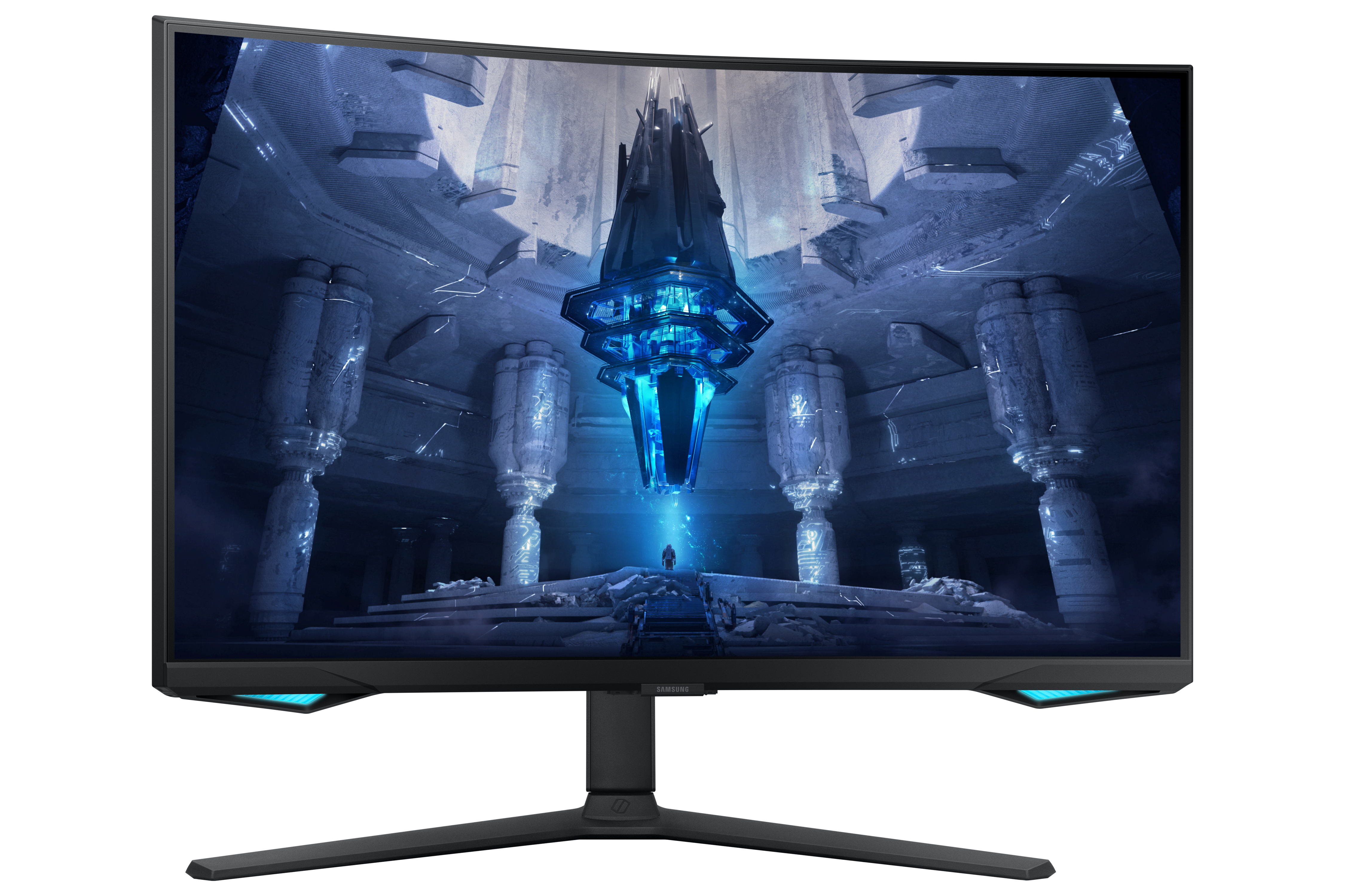 Ein gekrümmter Monitor zeigt eine futuristische Halle mit Säulen und einem blauen Kristall.