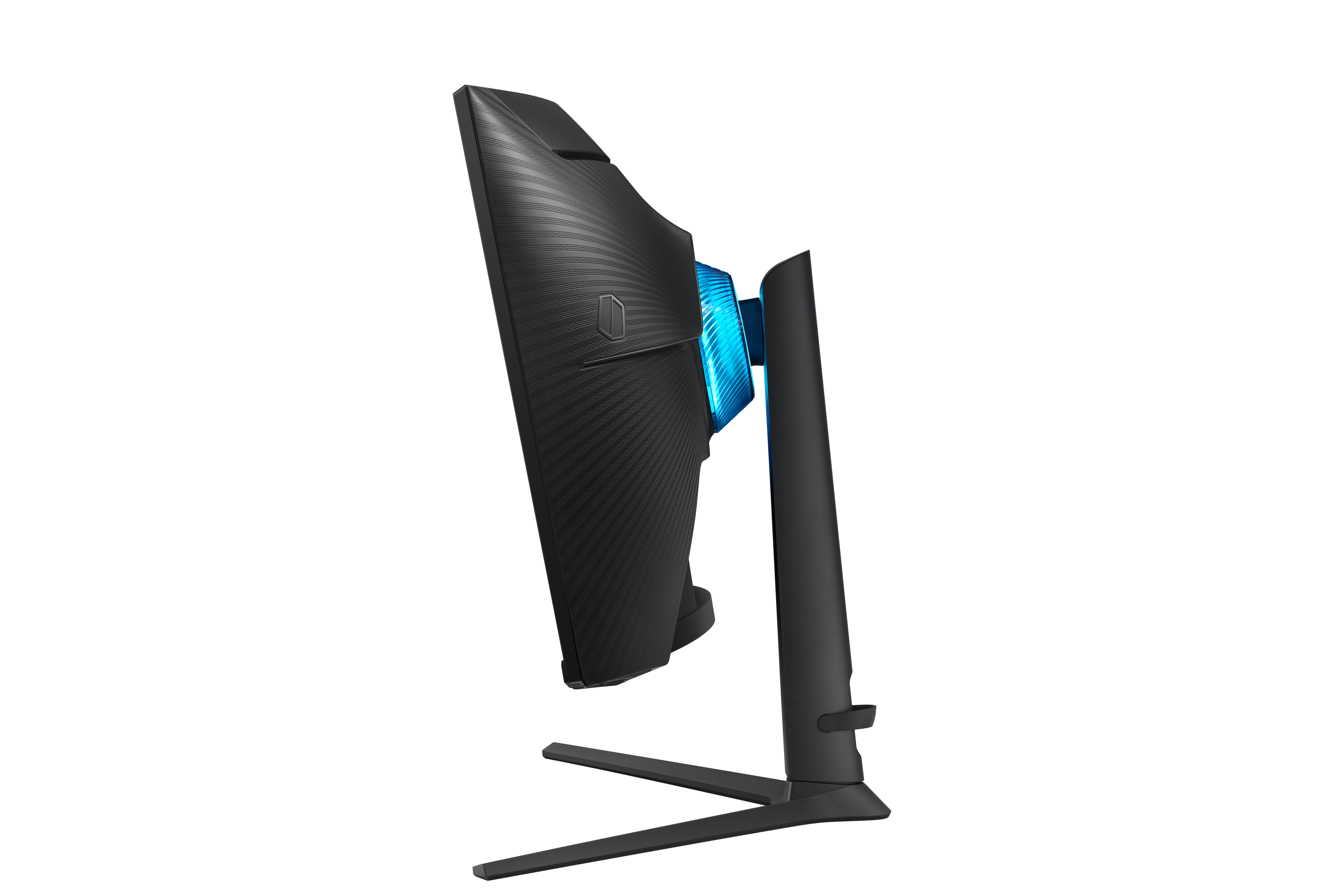Schwarzer Gaming-Monitor mit blauem Leuchten am Ständer, von der Seite gesehen.