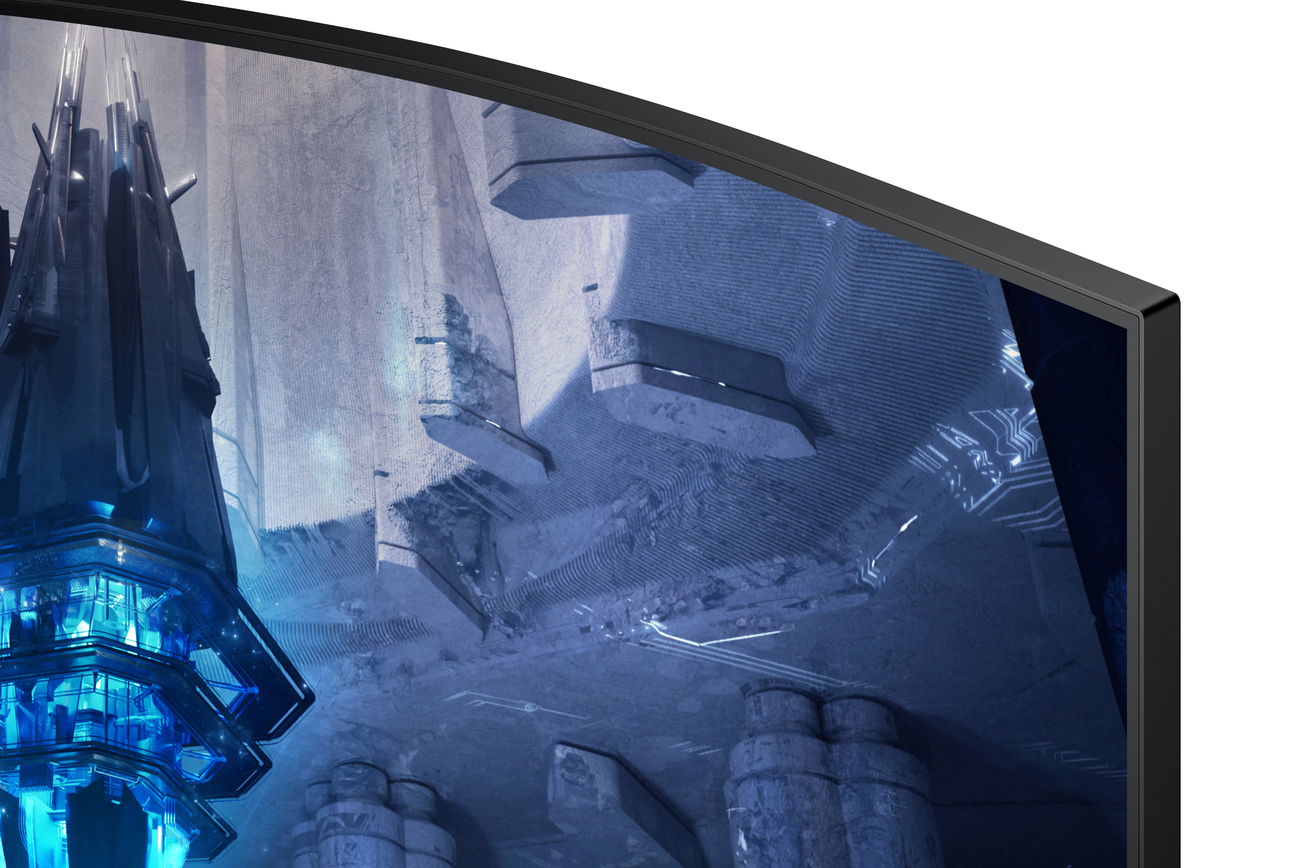 Dunkle, futuristische Architektur mit blauen Lichtern und detaillierten Mustern.