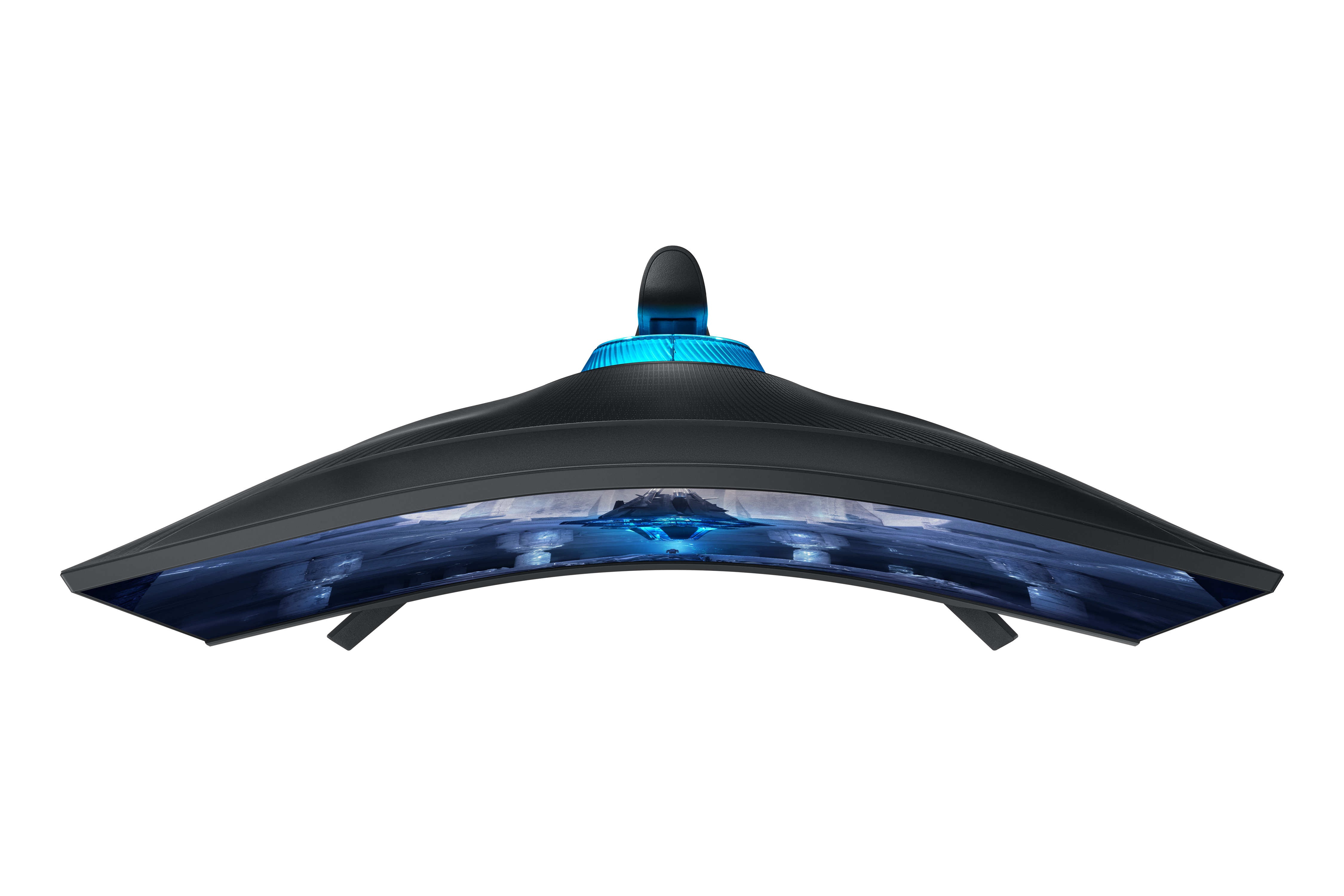 Ein gebogener Gaming-Monitor mit blauer Beleuchtung am Ständer.
