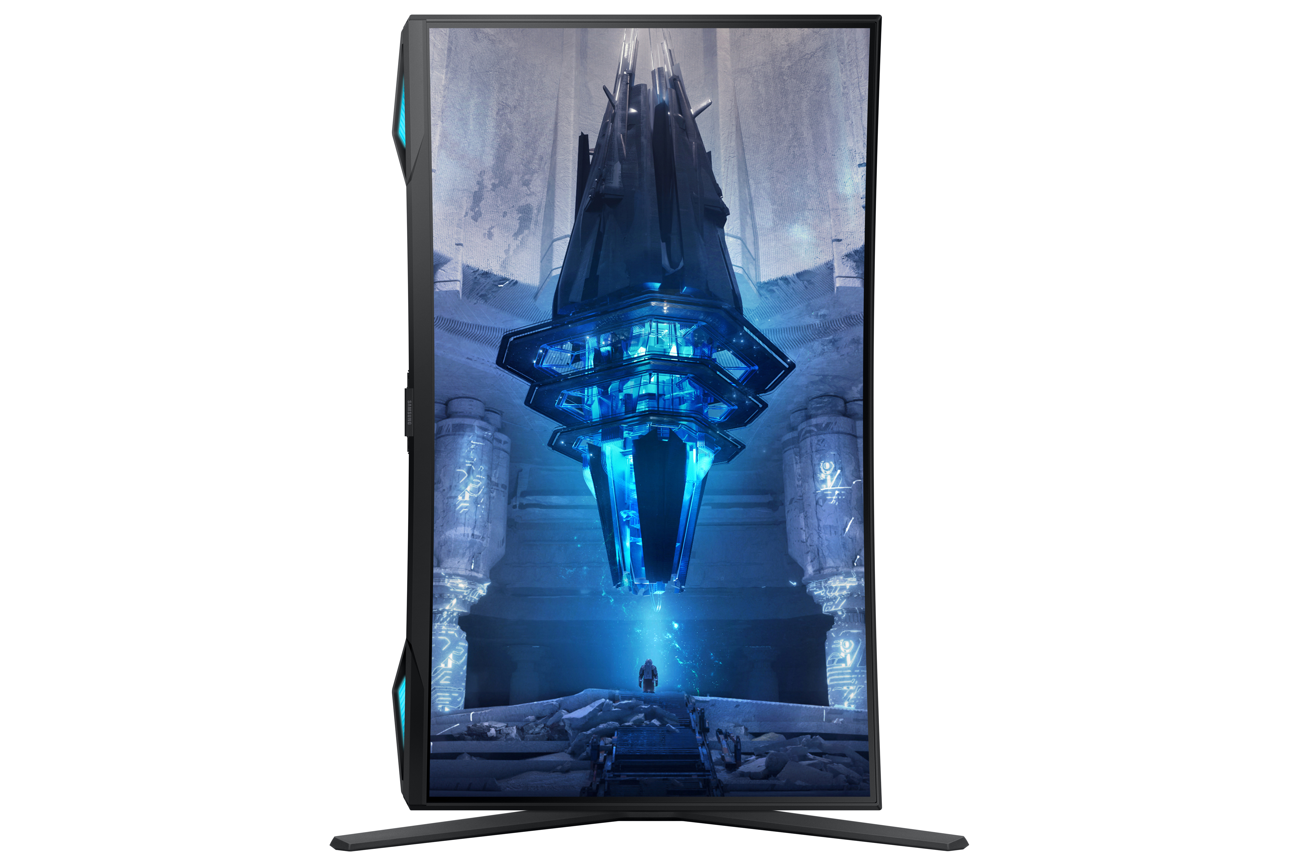 Ein futuristischer Monitor zeigt eine Szene mit einem Mann, der vor einer blau leuchtenden Struktur steht.