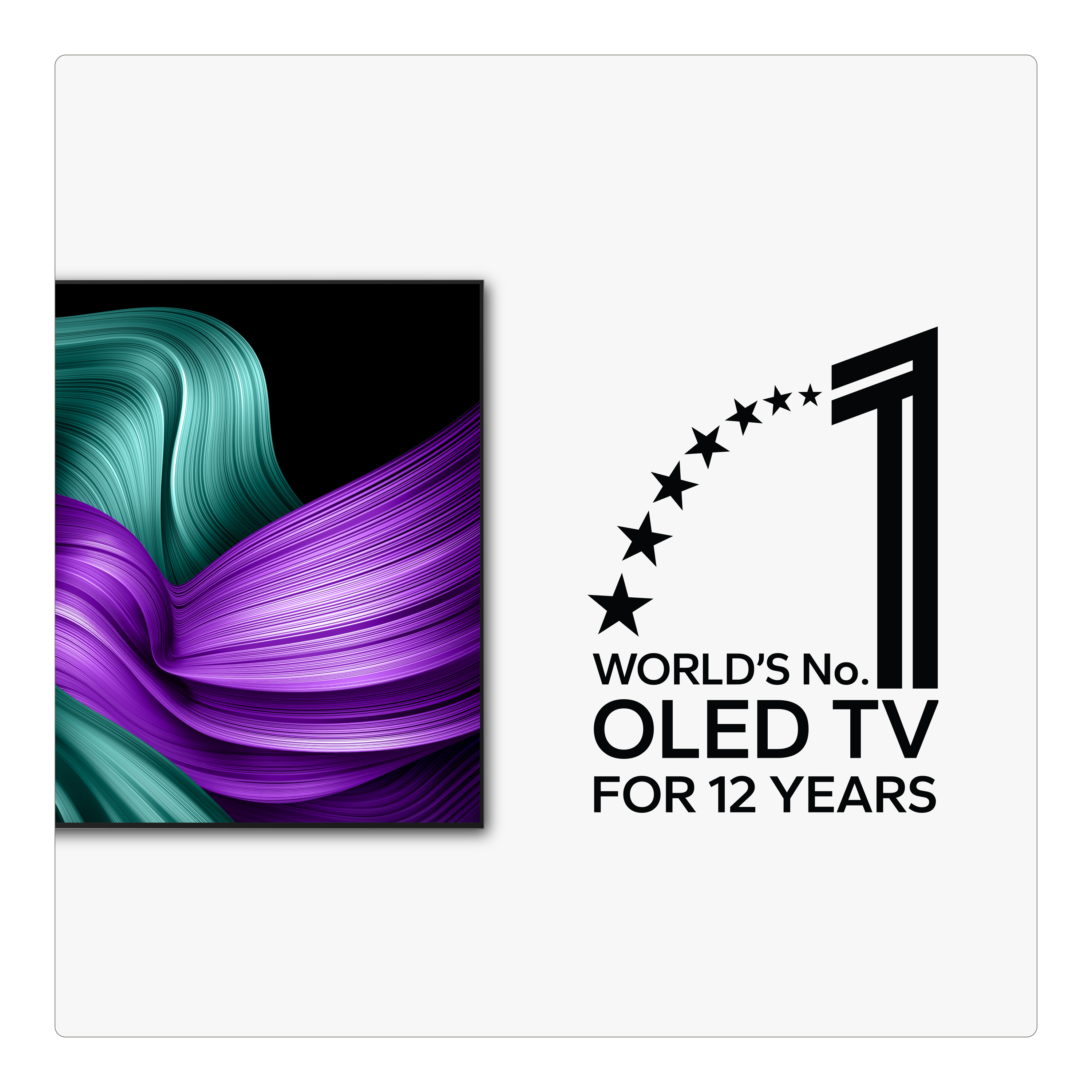 Abstrakcyjne fioletowe i turkusowe linie obok logo z gwiazdami i napisem Światowy Nr 1 Telewizor OLED od 12 lat.