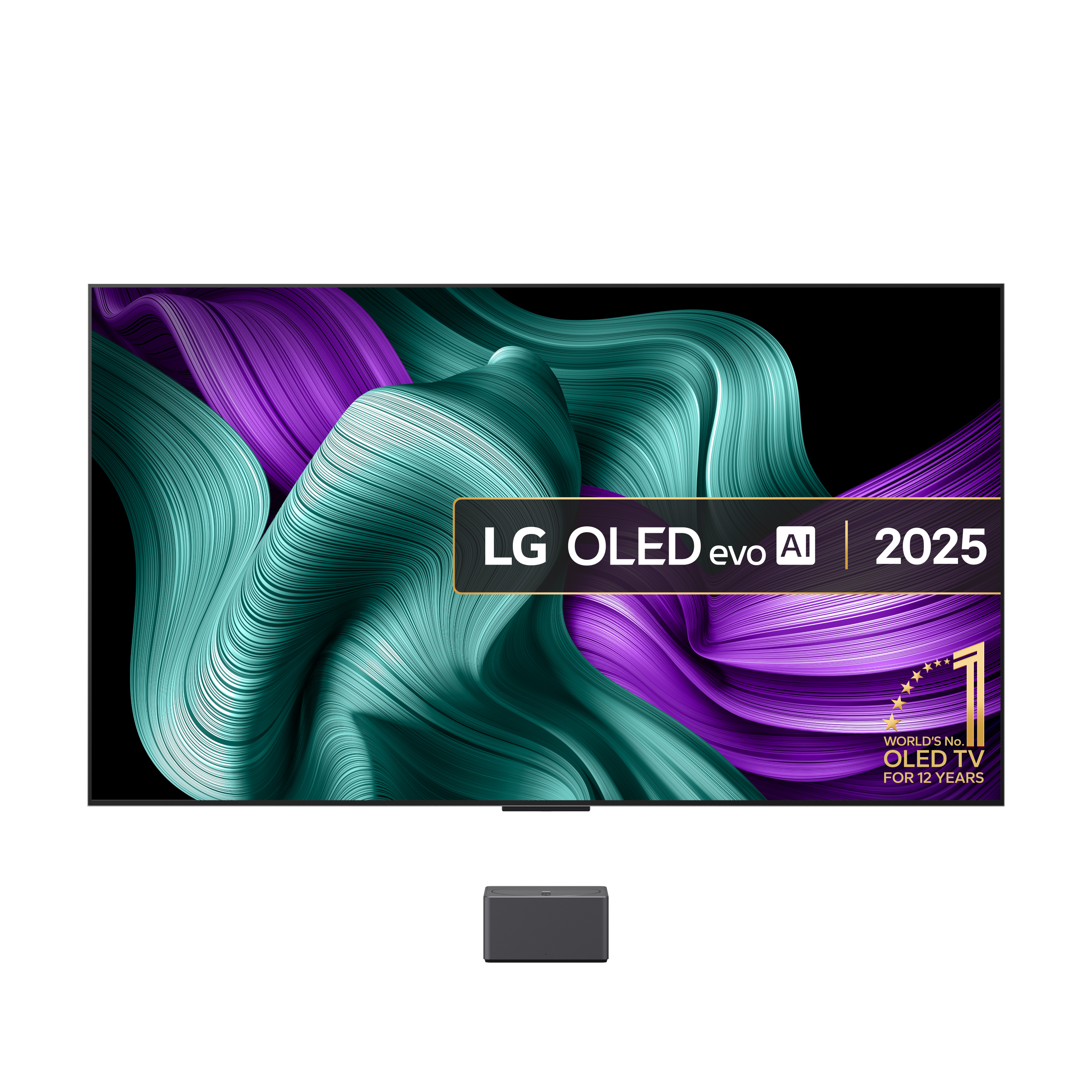 Telewizor LG OLED evo AI 2025 z abstrakcyjną, wirującą grafiką w kolorze turkusowym i fioletowym.