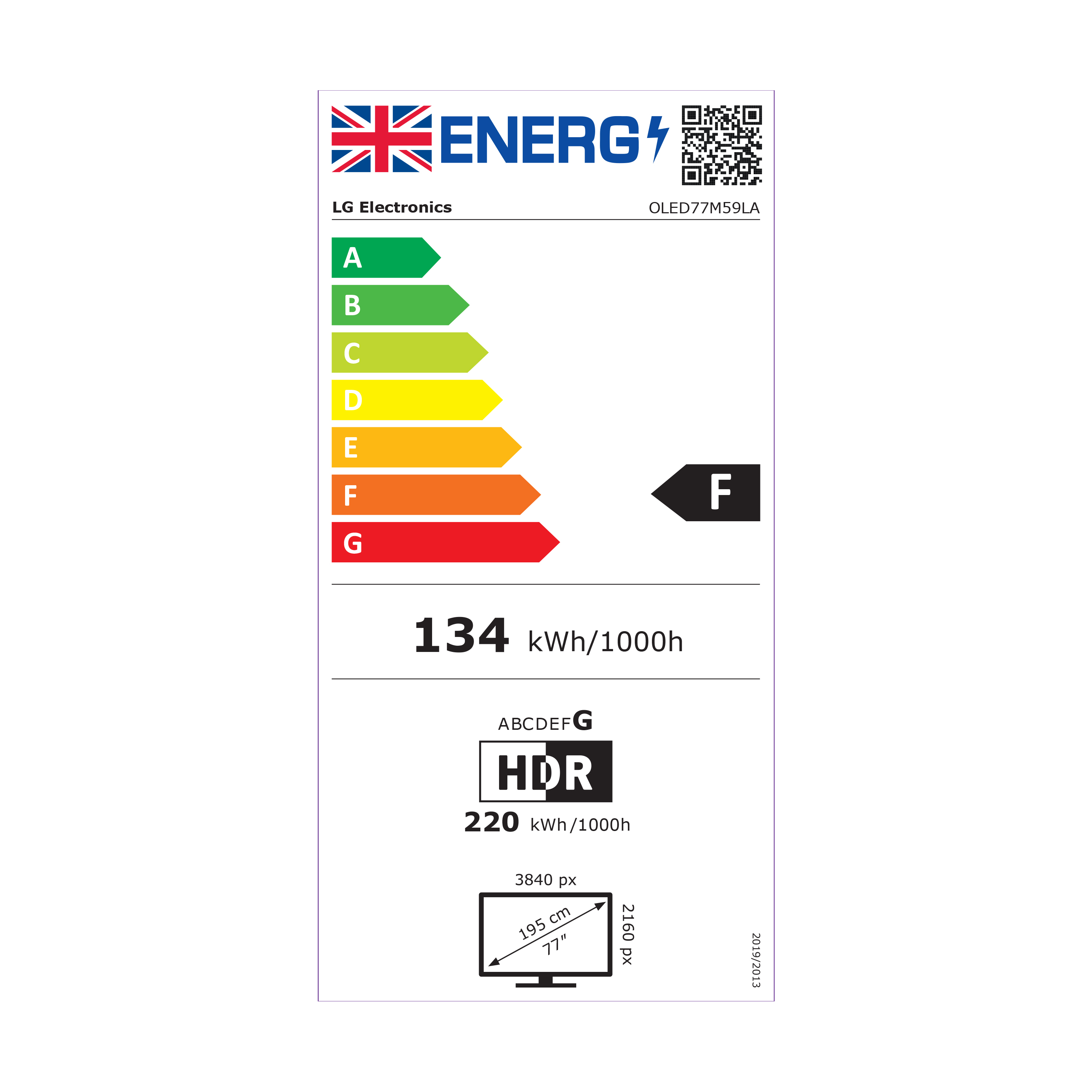 Etykieta energetyczna TV LG OLED: Klasa F, 134 kWh/1000h, 77 cali.