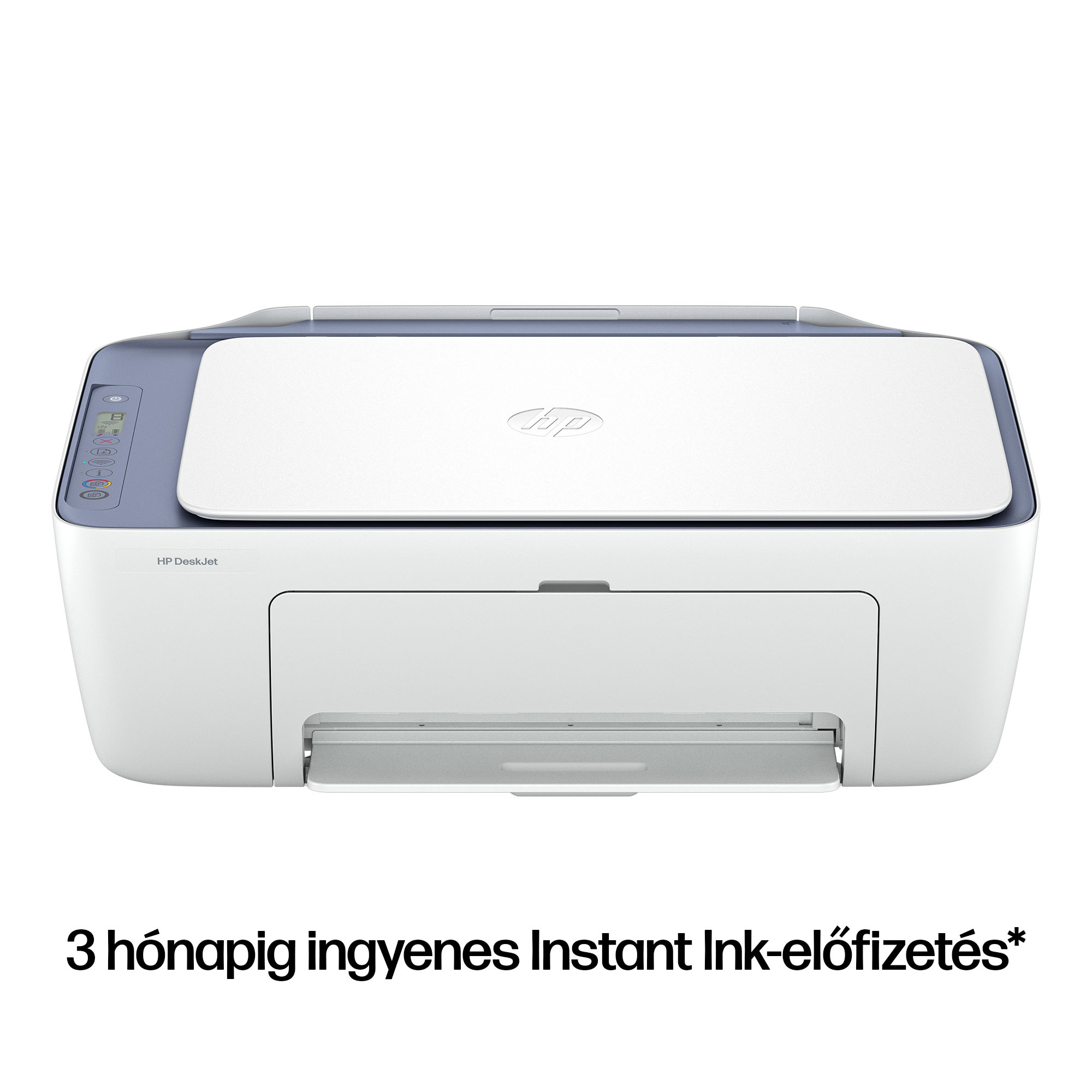 Fehér HP DeskJet nyomtató kék színű vezérlőpanellel.