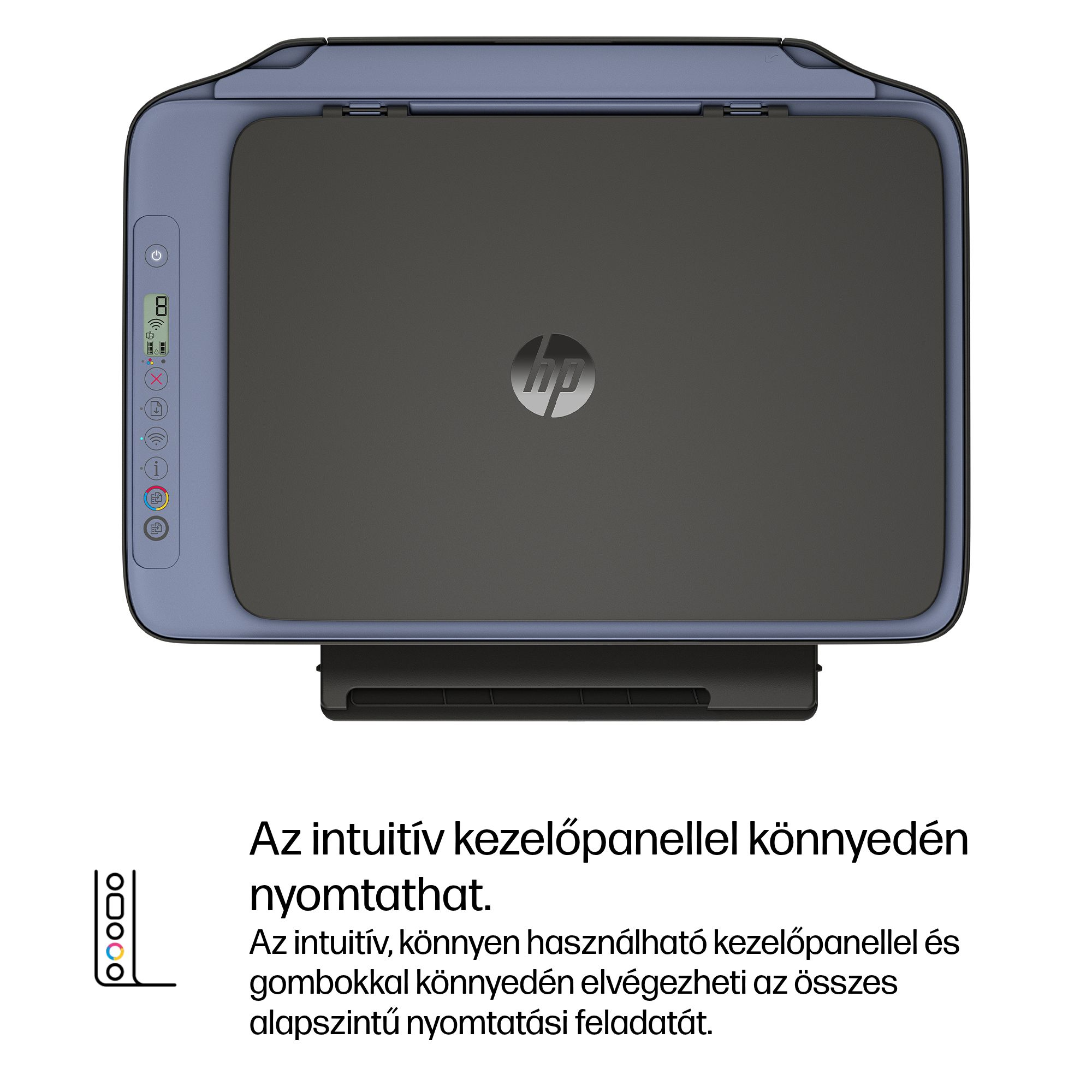 Kék HP nyomtató sötét tetővel és kezelőpanellel.