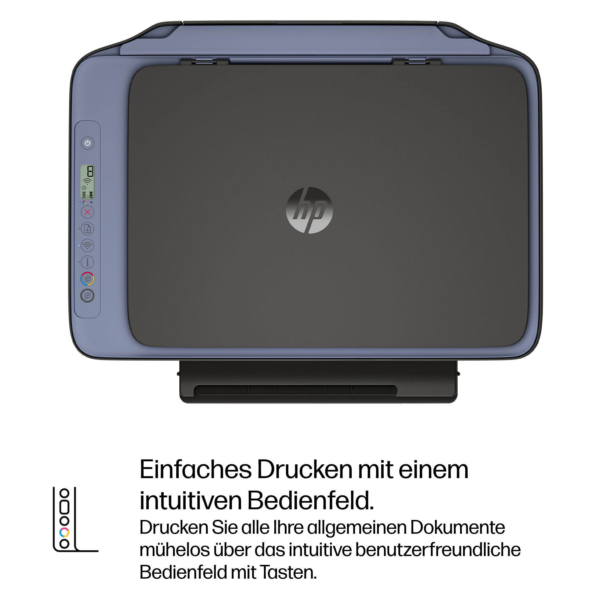 Ein blauer HP Drucker mit einem dunklen Bedienfeld und dem HP Logo.