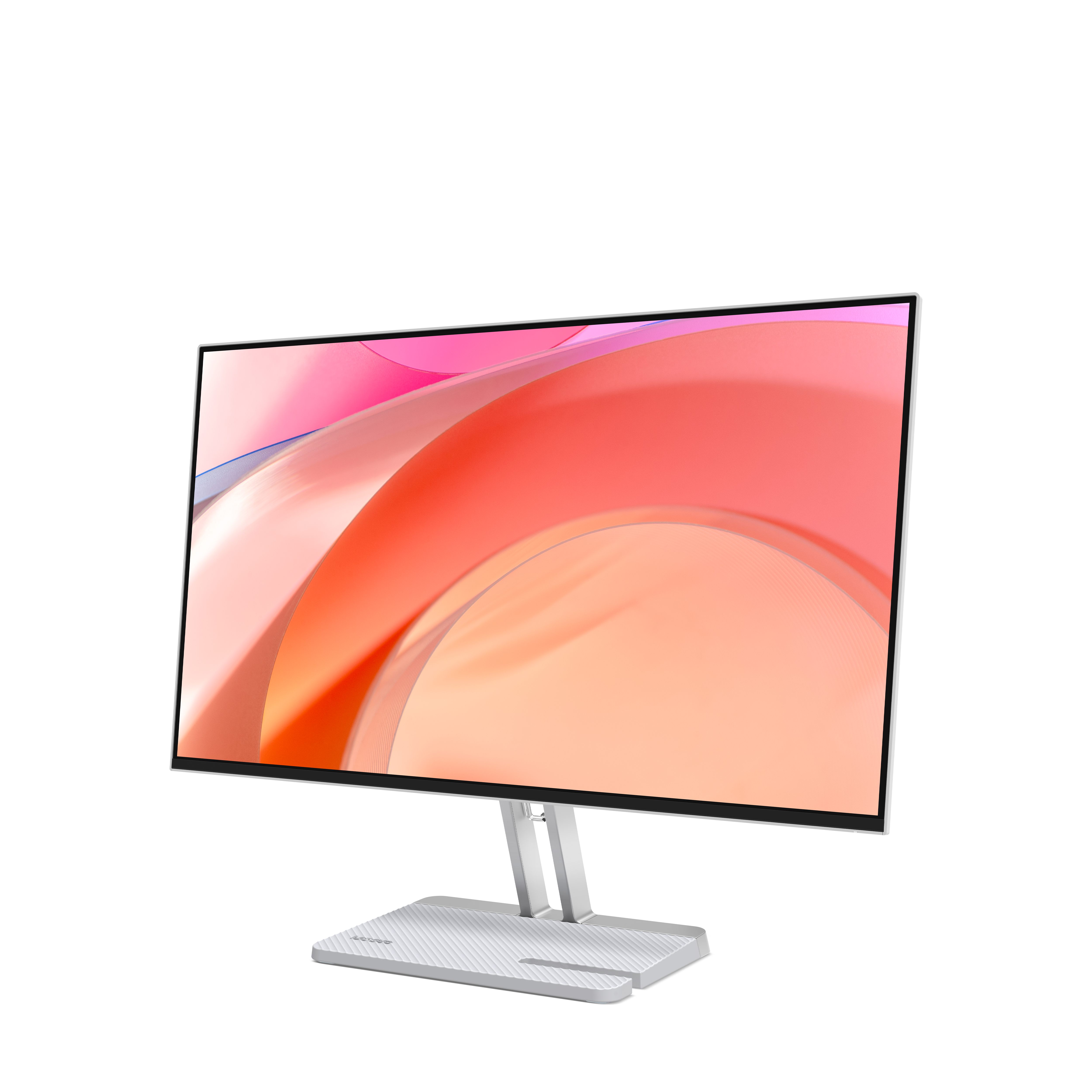 Elegancki, nowoczesny monitor z białym stojakiem i abstrakcyjnym, kolorowym tłem.