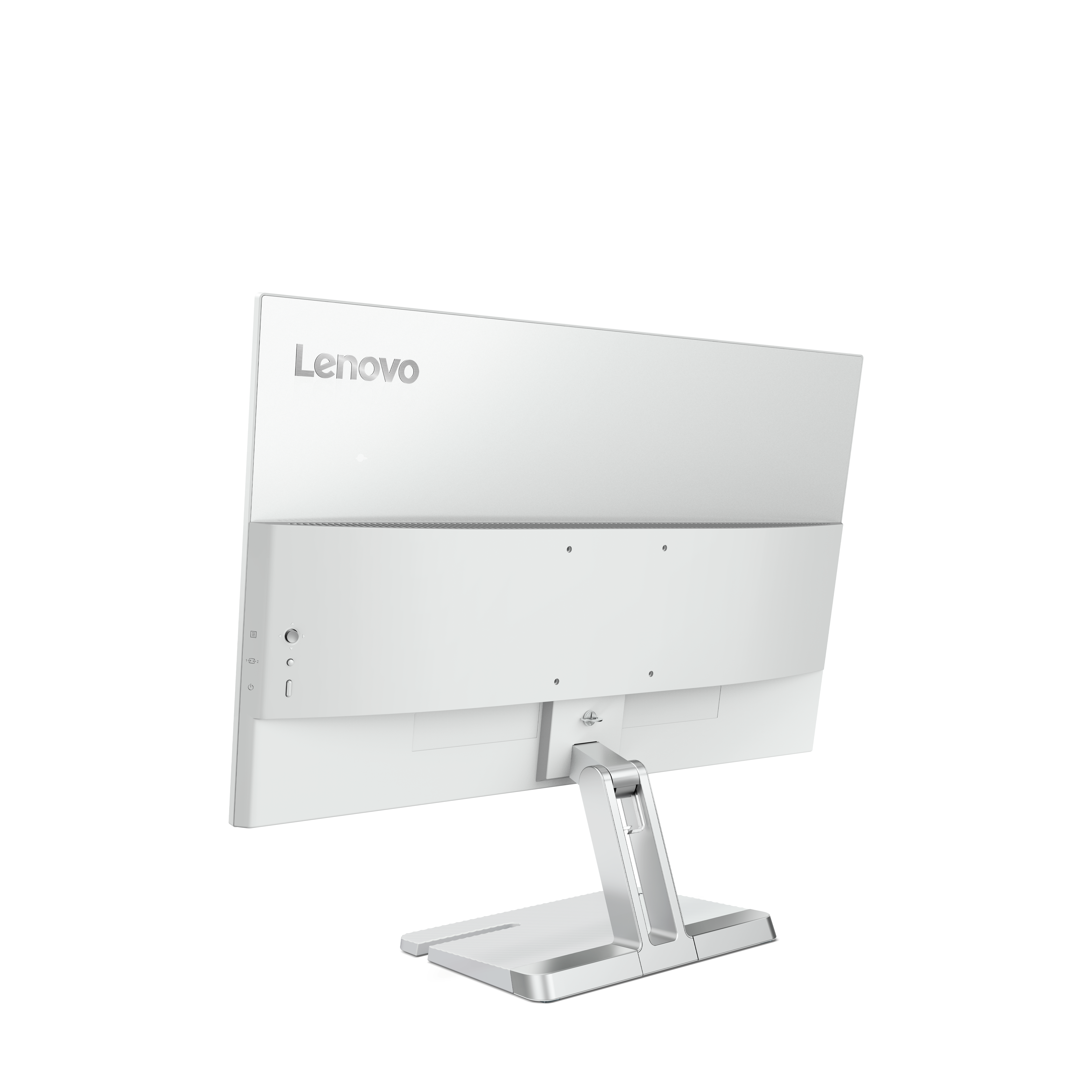 Biały tył monitora Lenovo z portami i srebrną podstawą.