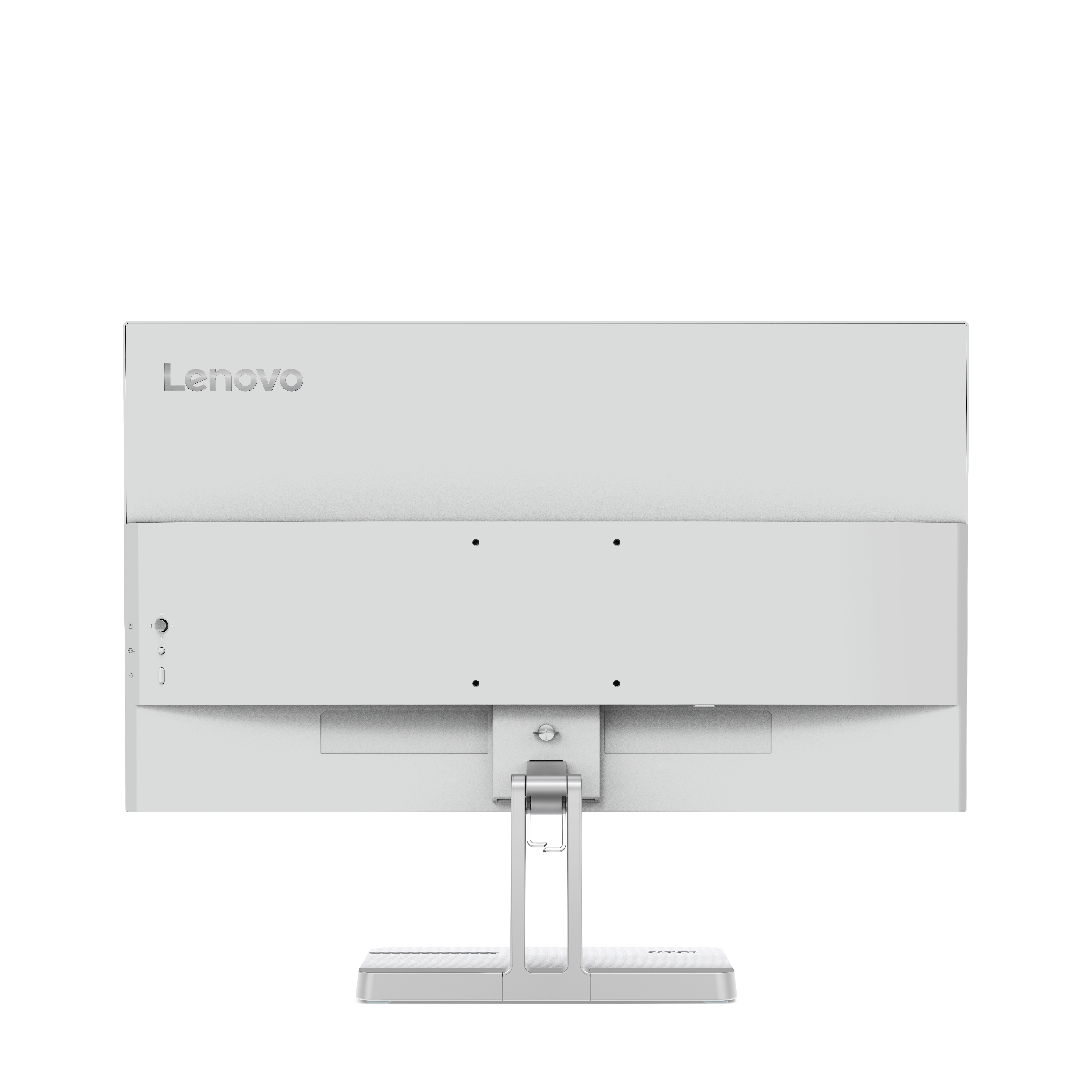Tył białego monitora Lenovo ze stojakiem i portami.