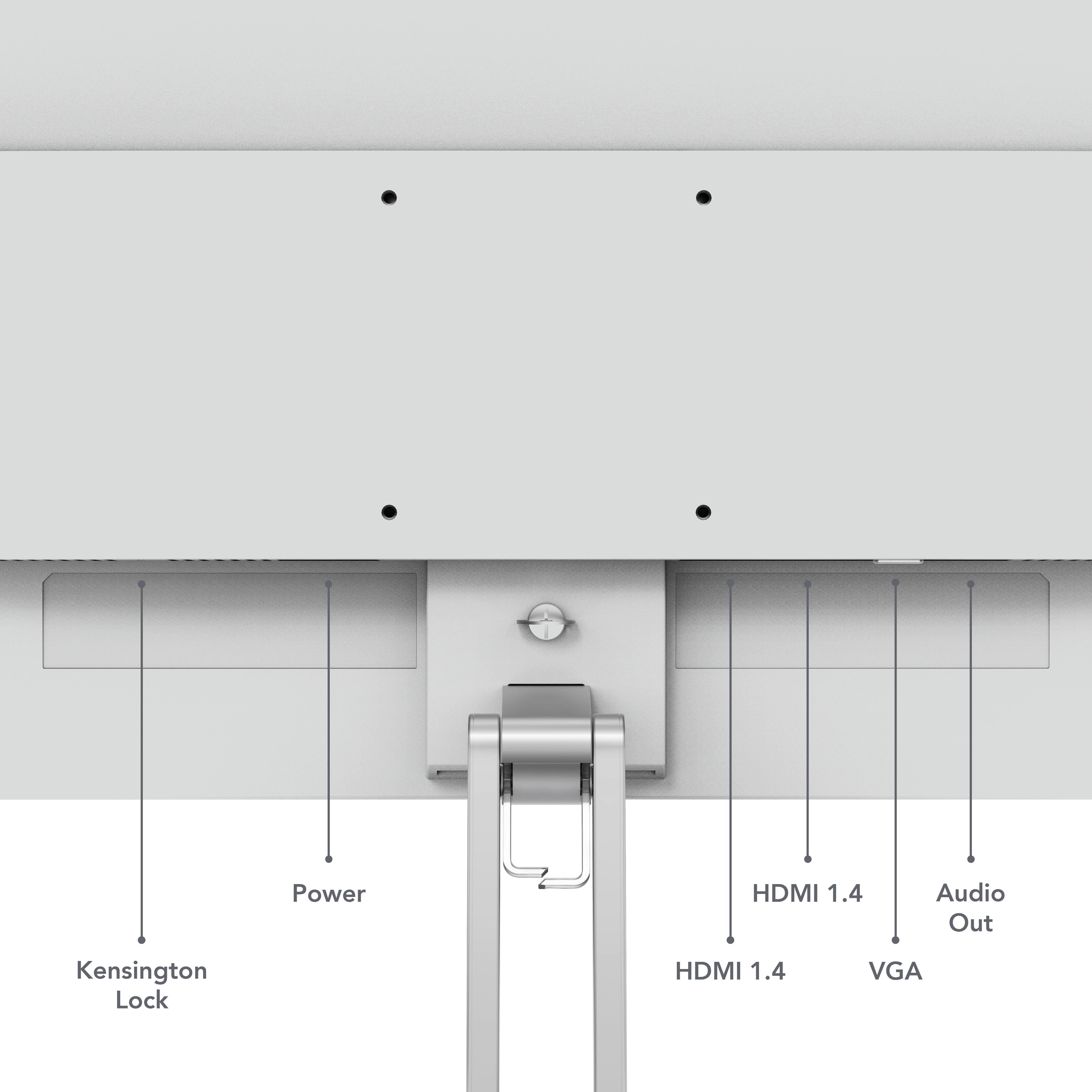 Tył monitora z portami: blokada Kensington, Zasilanie, HDMI 1.4, HDMI 1.4, VGA, Wyjście audio.